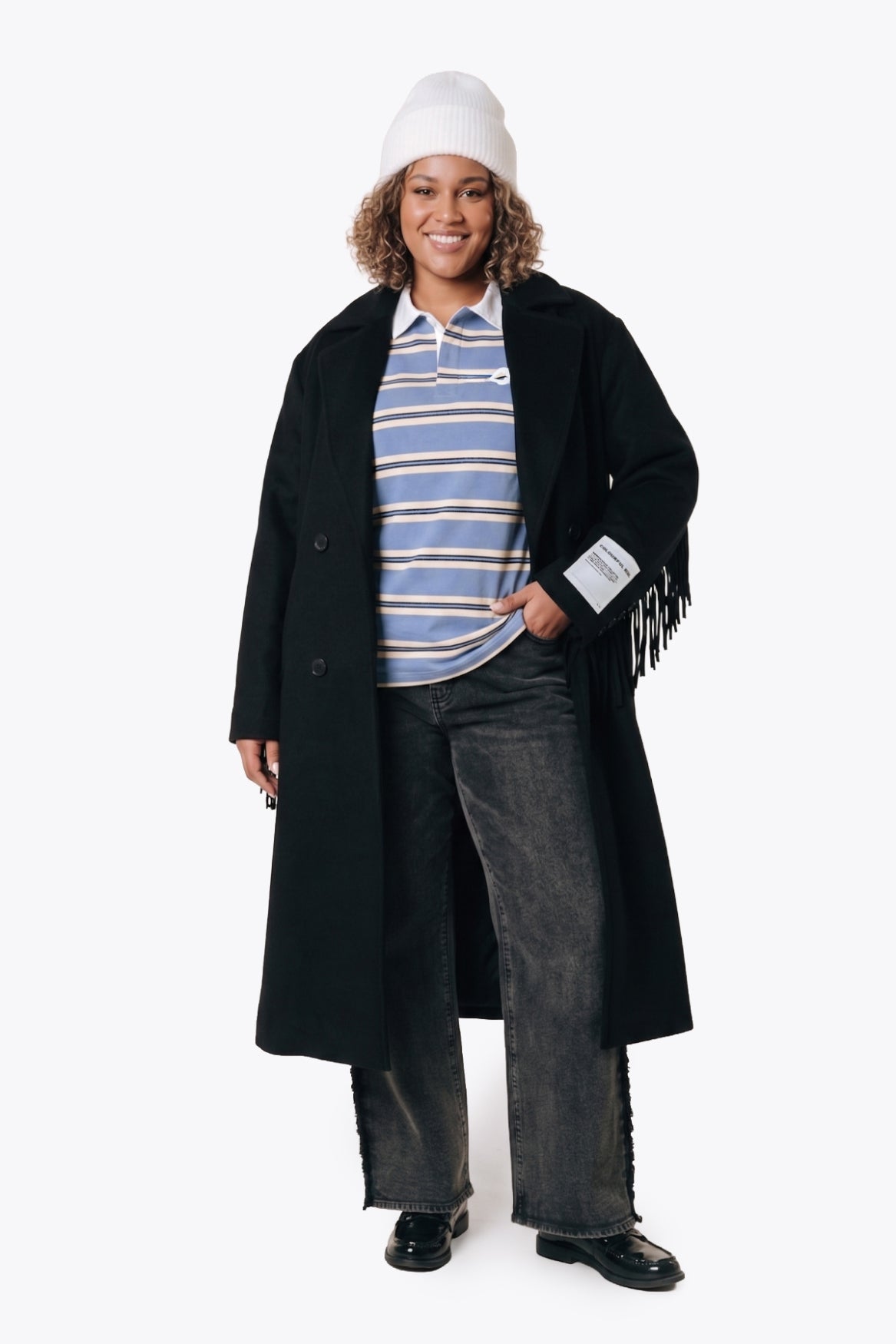 Zania Fringe Wool Long Coat | Black