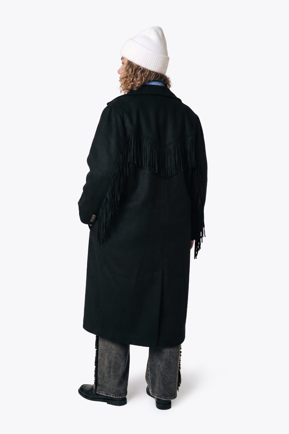 Zania Fringe Wool Long Coat | Black