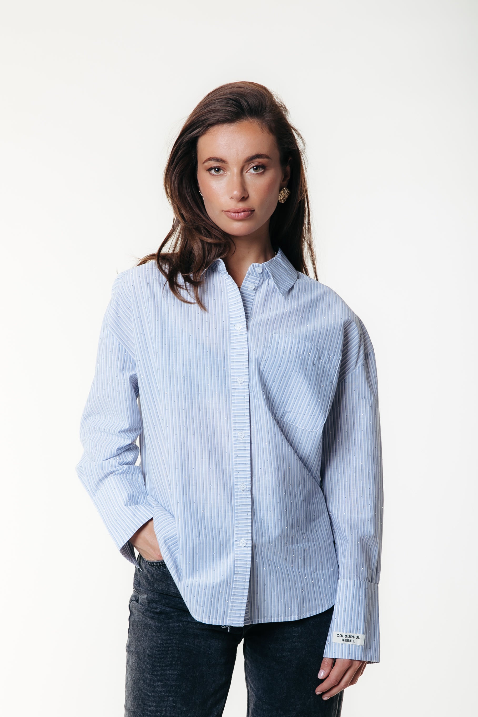 Talia Rhinestone Stripe Blouse | Light Blue