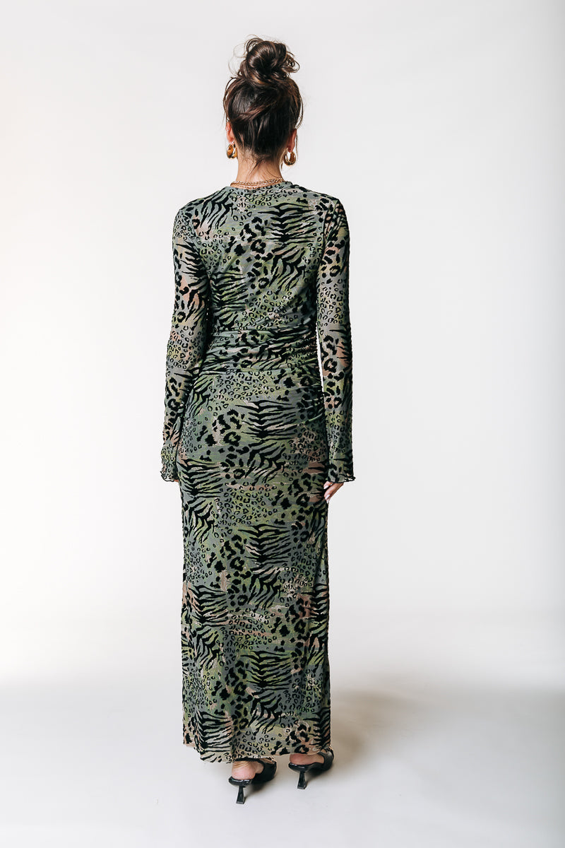 Maude Leopard Flock Mesh Dress | Army