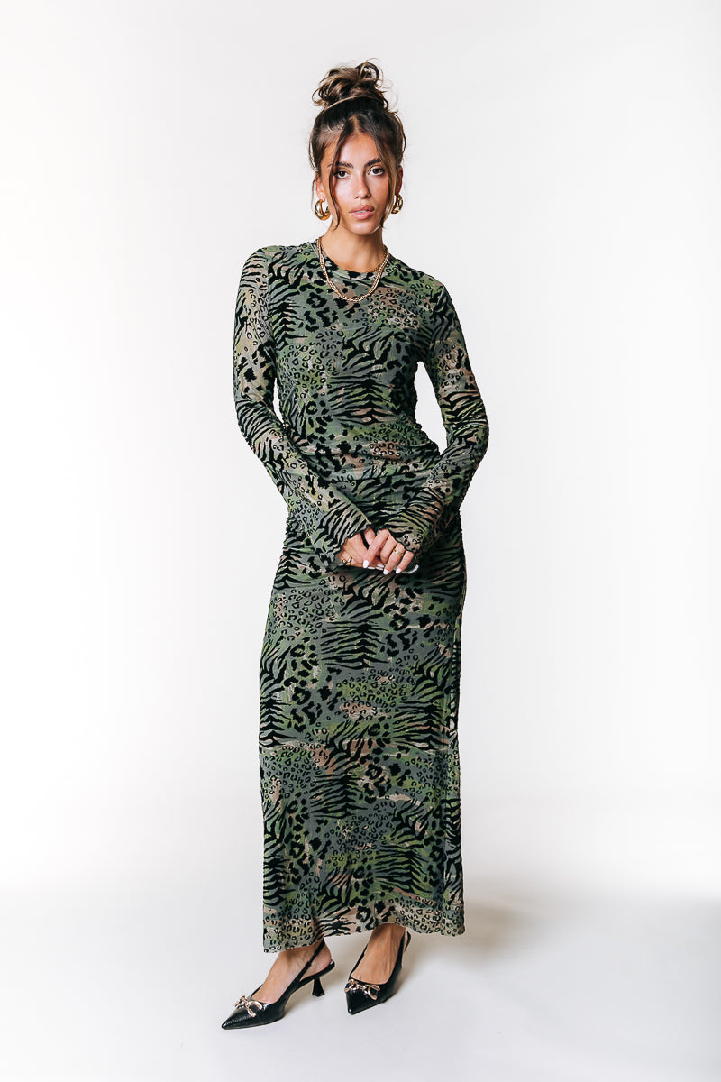 Maude Leopard Flock Mesh Dress Army