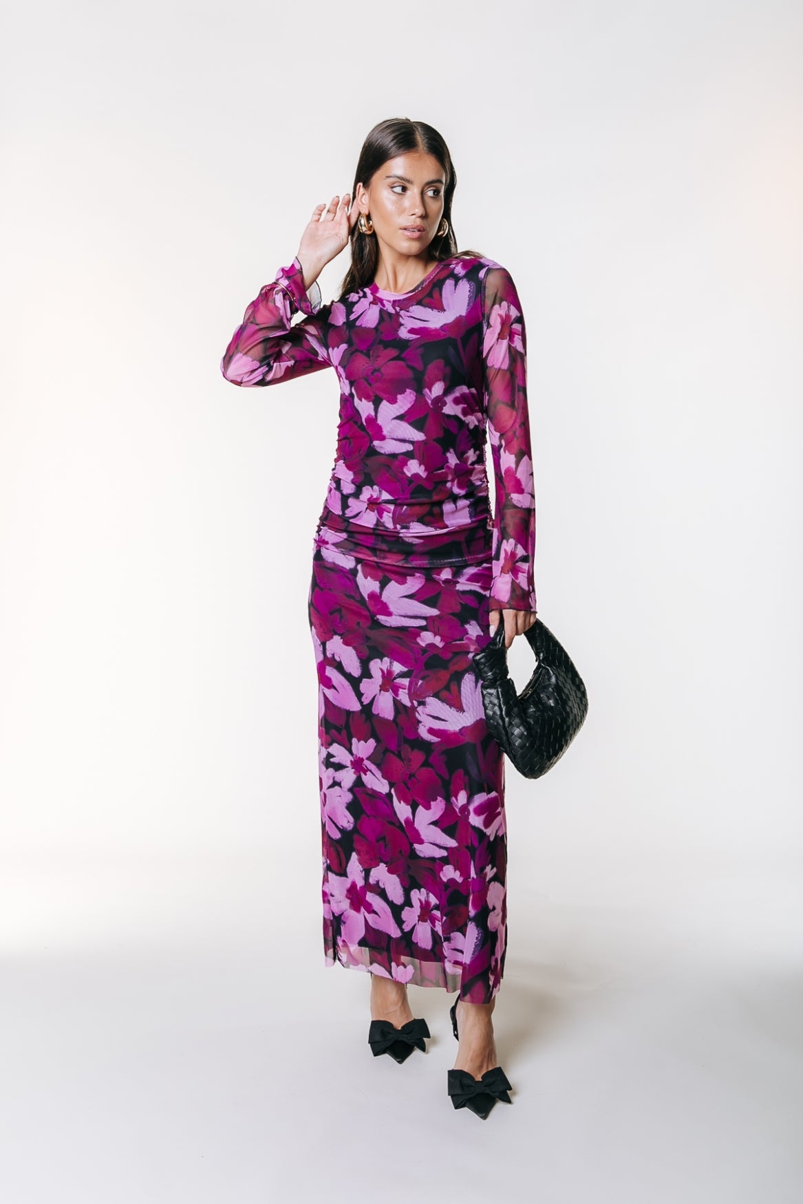 knee length dresses for ladies Ruched V Neck Full Sleeves Mesh Dress main image 1