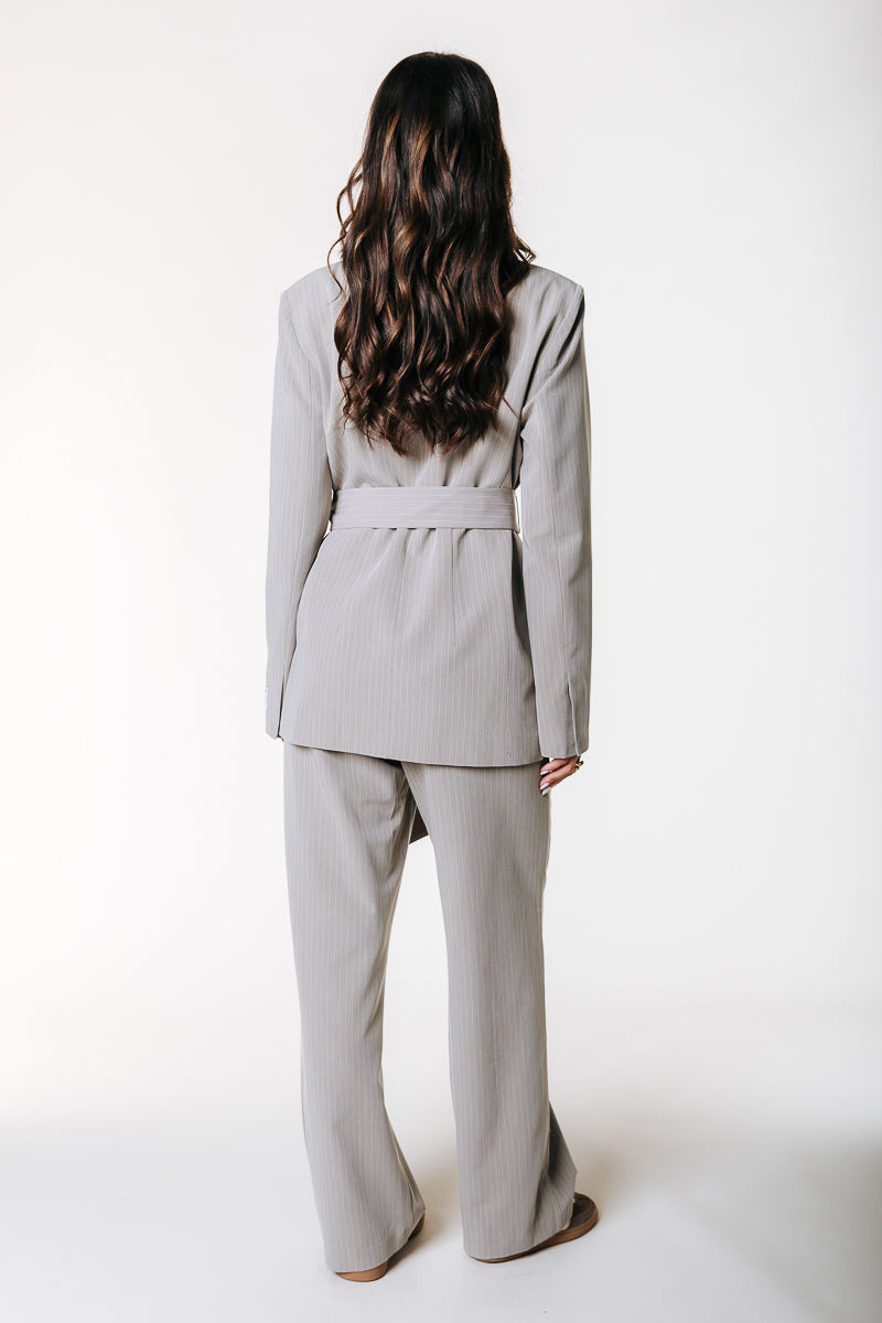 Izzy Belted Pinstripe Blazer | Beige