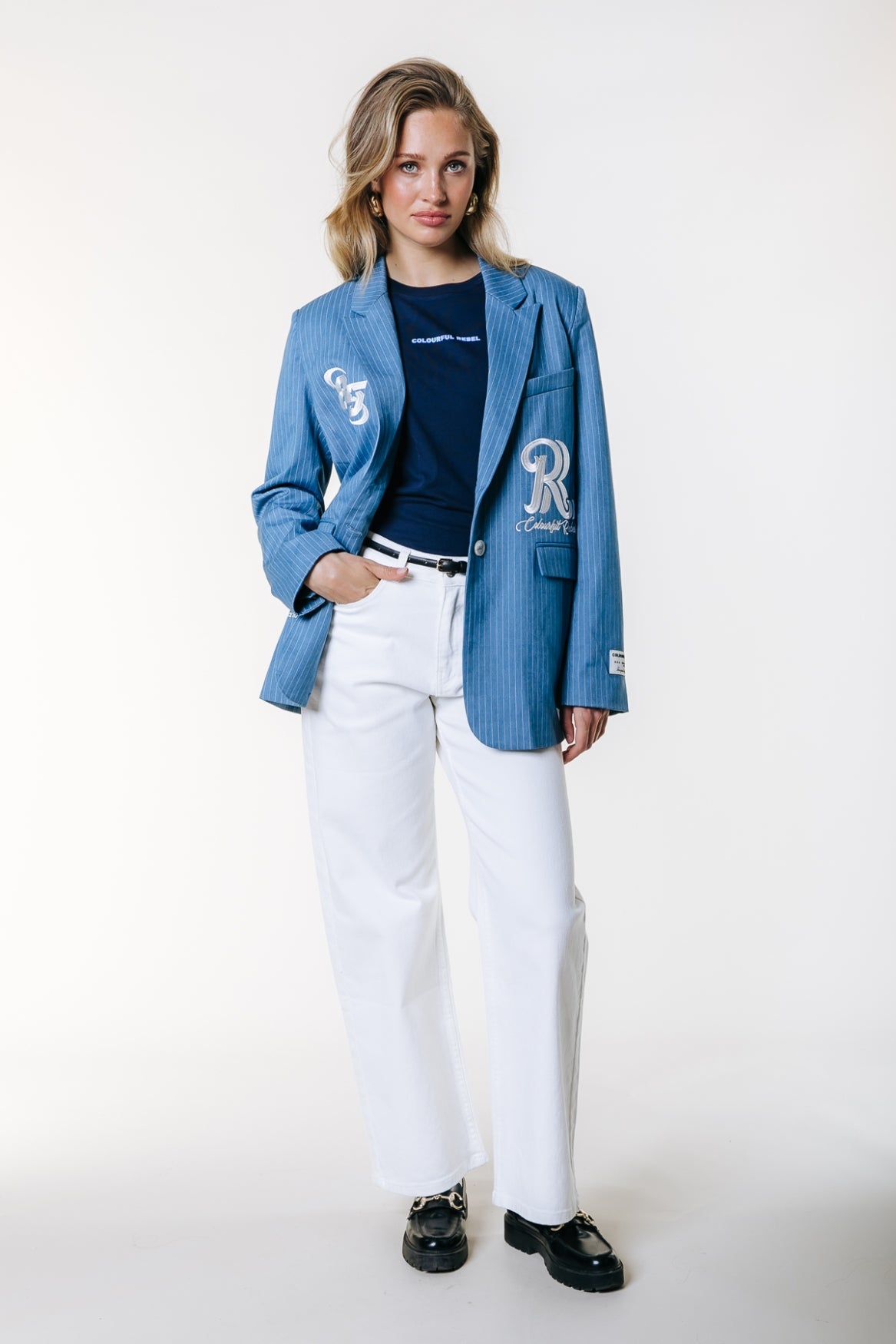 Jesra Pinstripe Melange Single Breasted Blazer | Mid grey blue