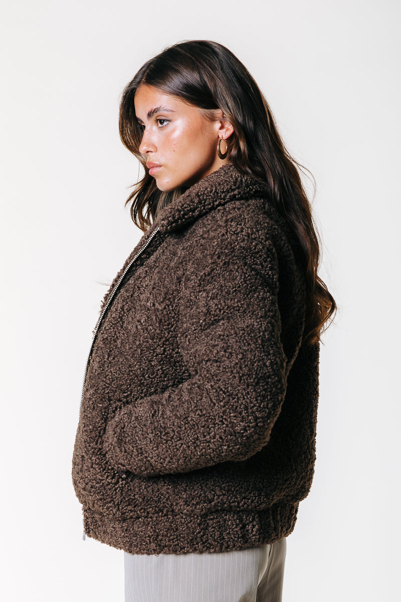 Charley Teddy Bomber Jacket | Chocolate Brown