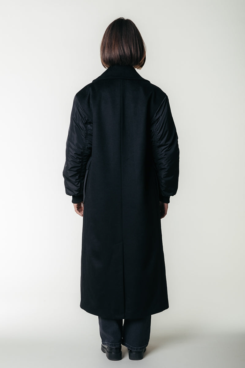 Ada Contrast Wool Long Coat | Black