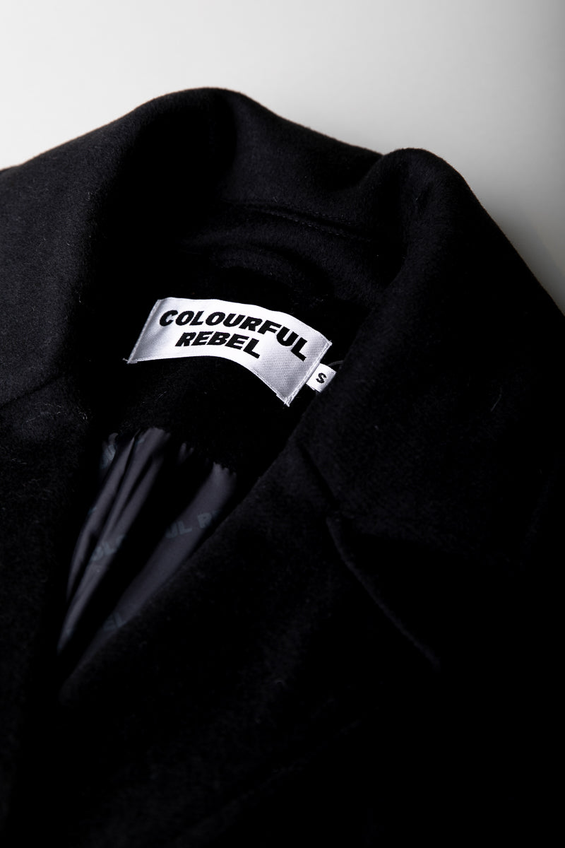 Ada Contrast Wool Long Coat | Black