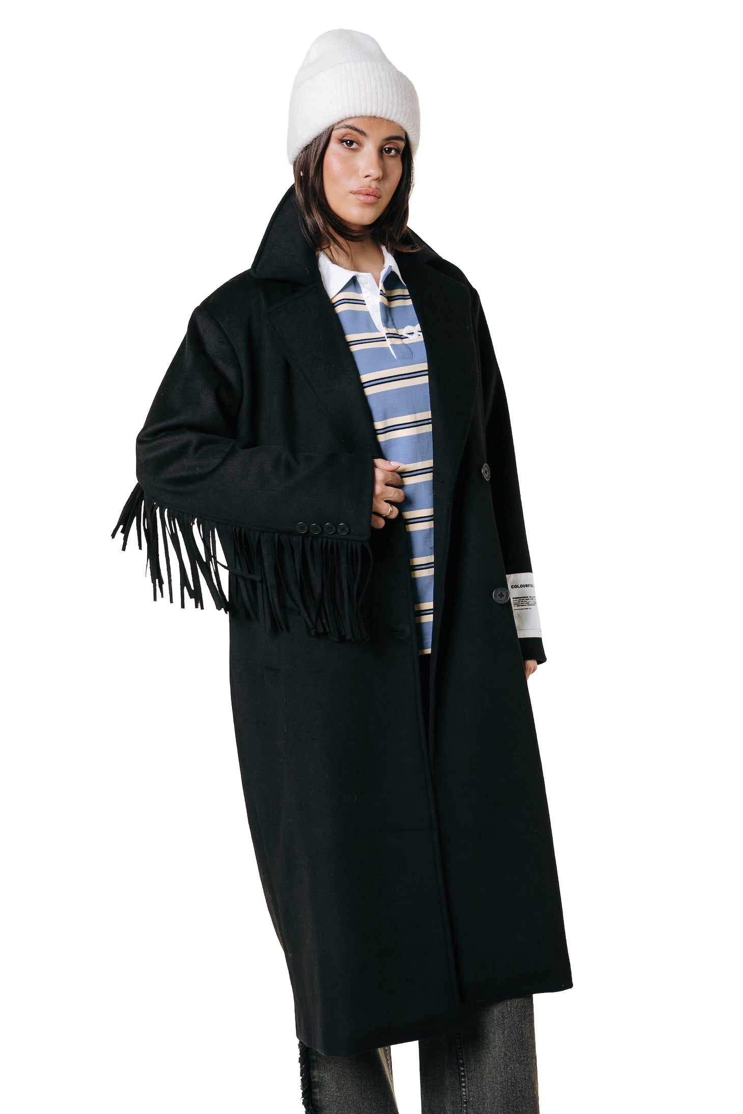 Zania Fringe Wool Long Coat | Black