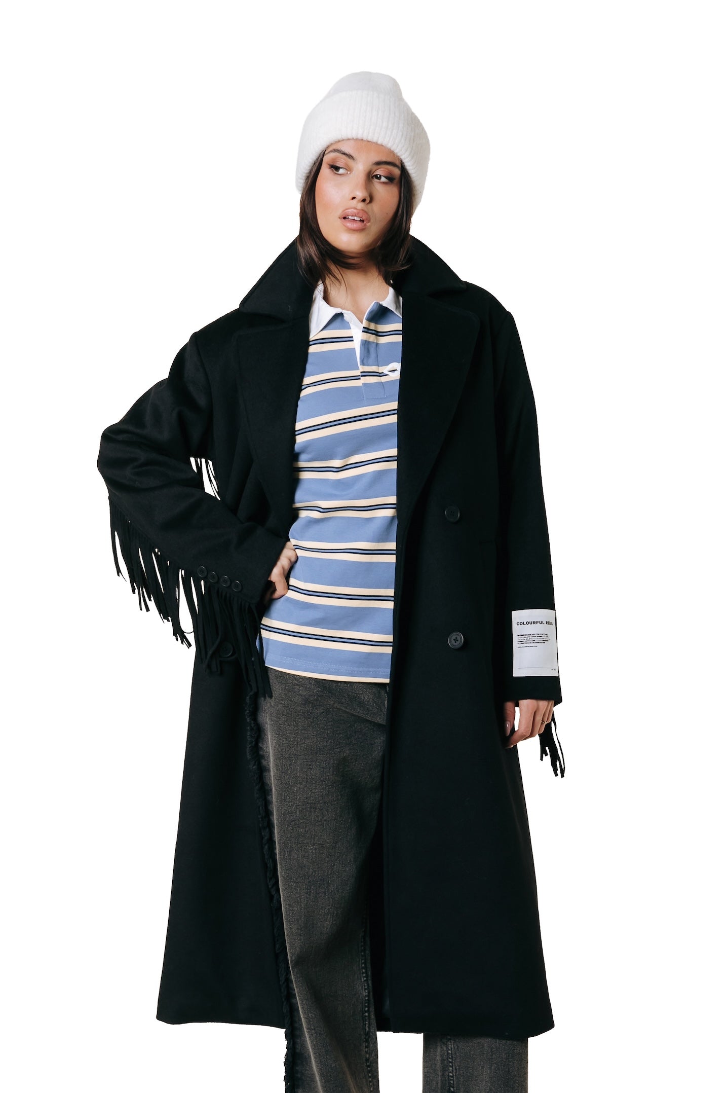 Zania Fringe Wool Long Coat | Black
