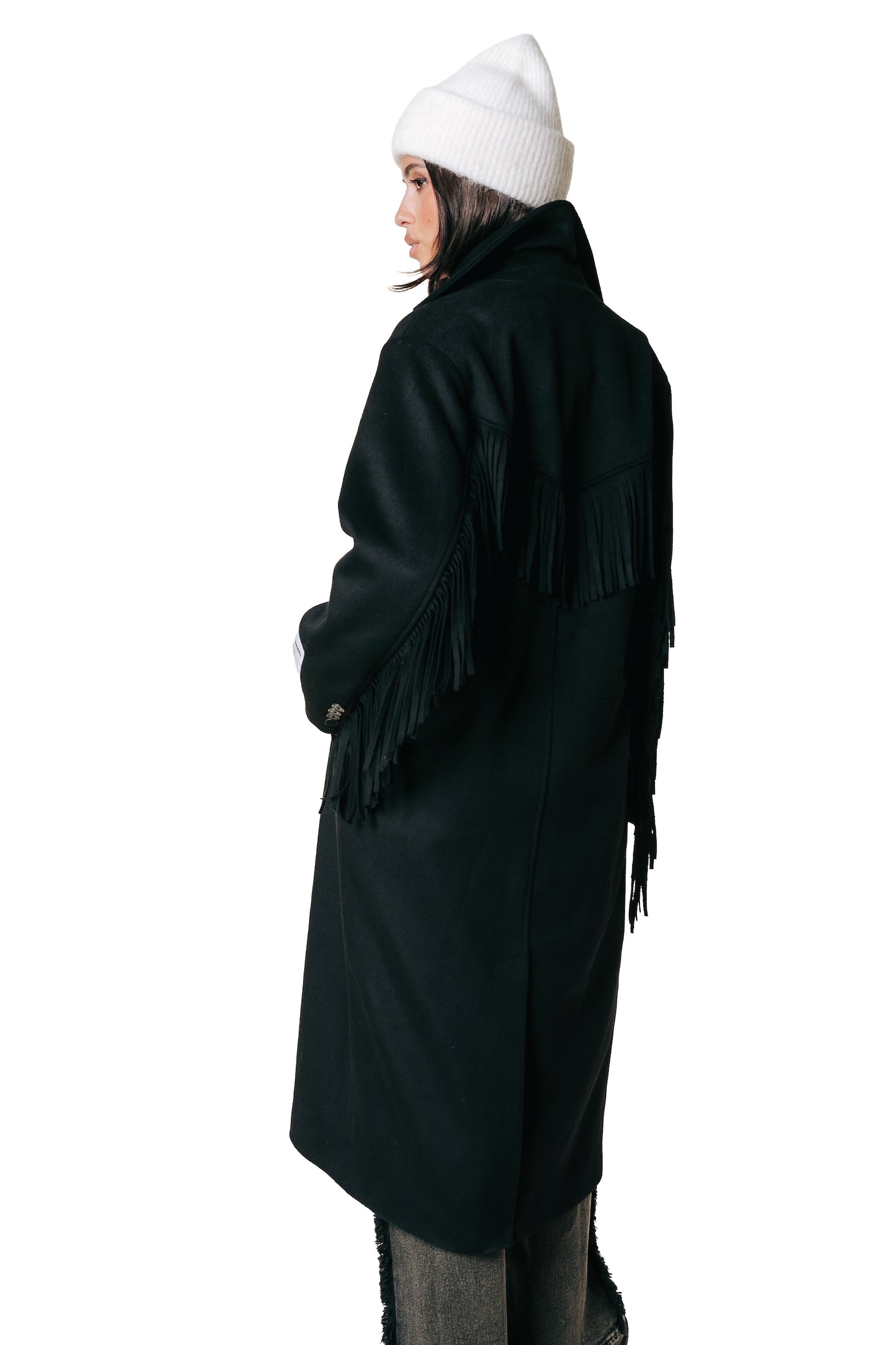 Zania Fringe Wool Long Coat | Black