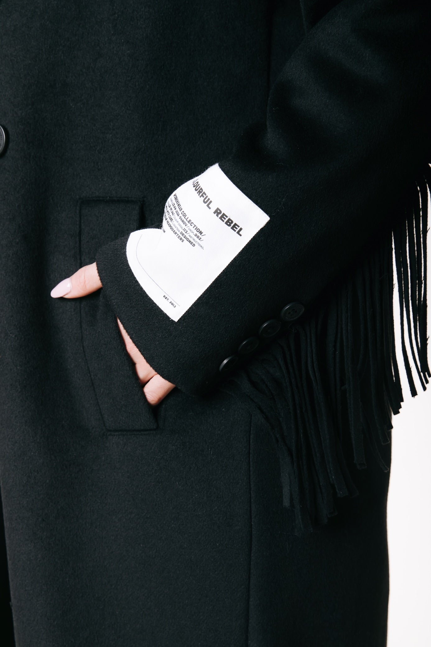 Zania Fringe Wool Long Coat | Black