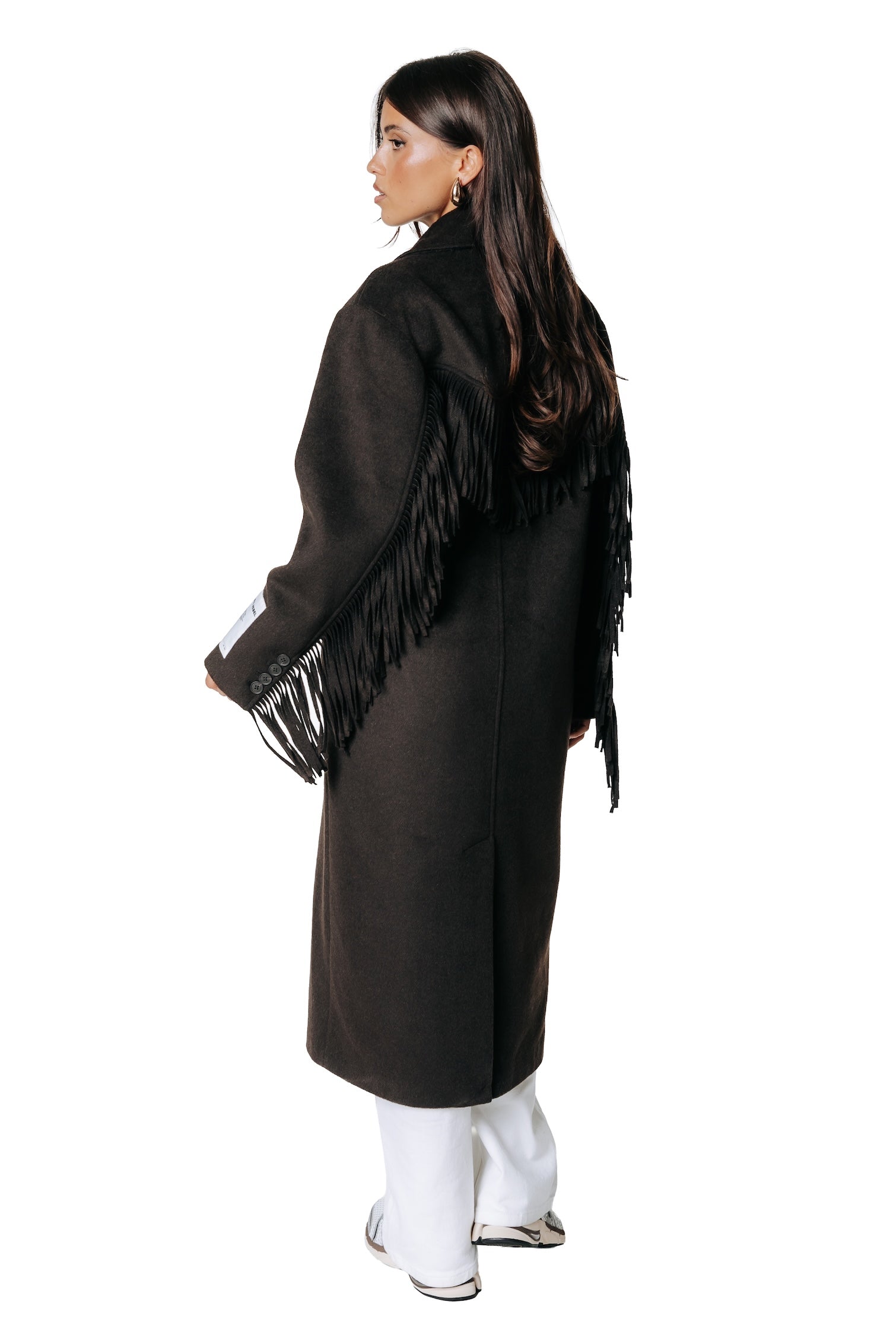Zania Fringe Double Breasted Wool Long Coat | Brown