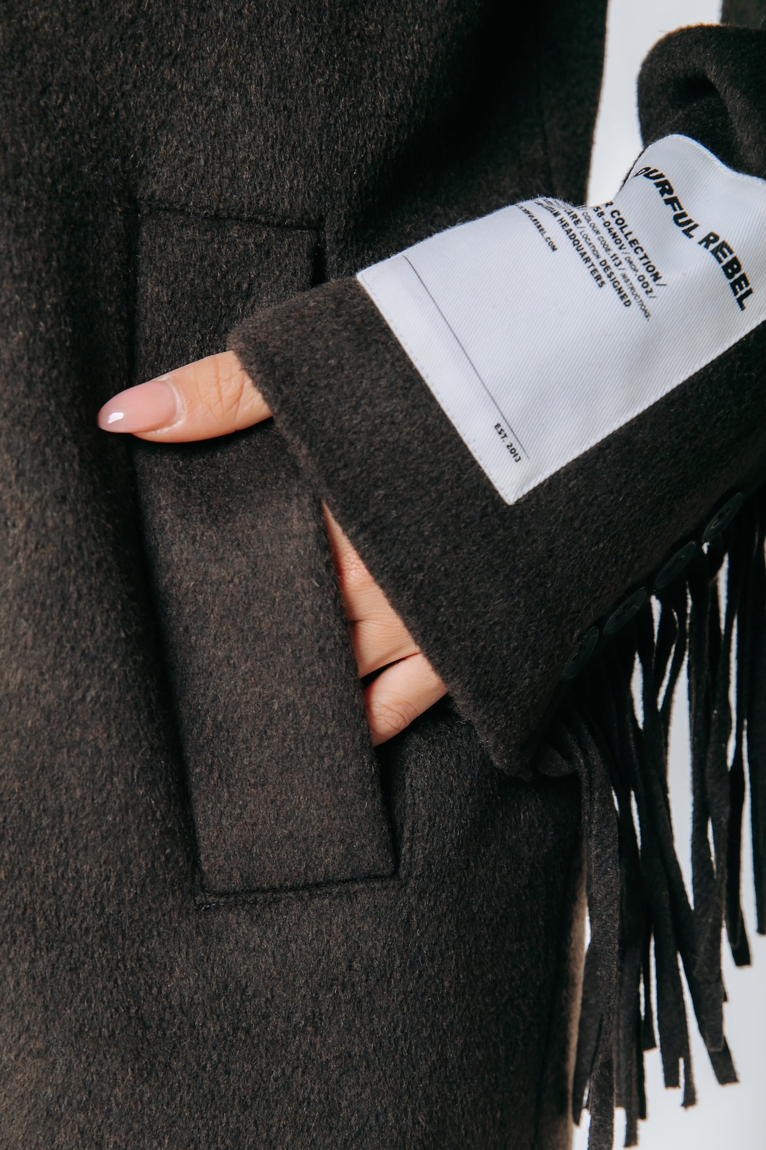 Zania Fringe Double Breasted Wool Long Coat | Brown