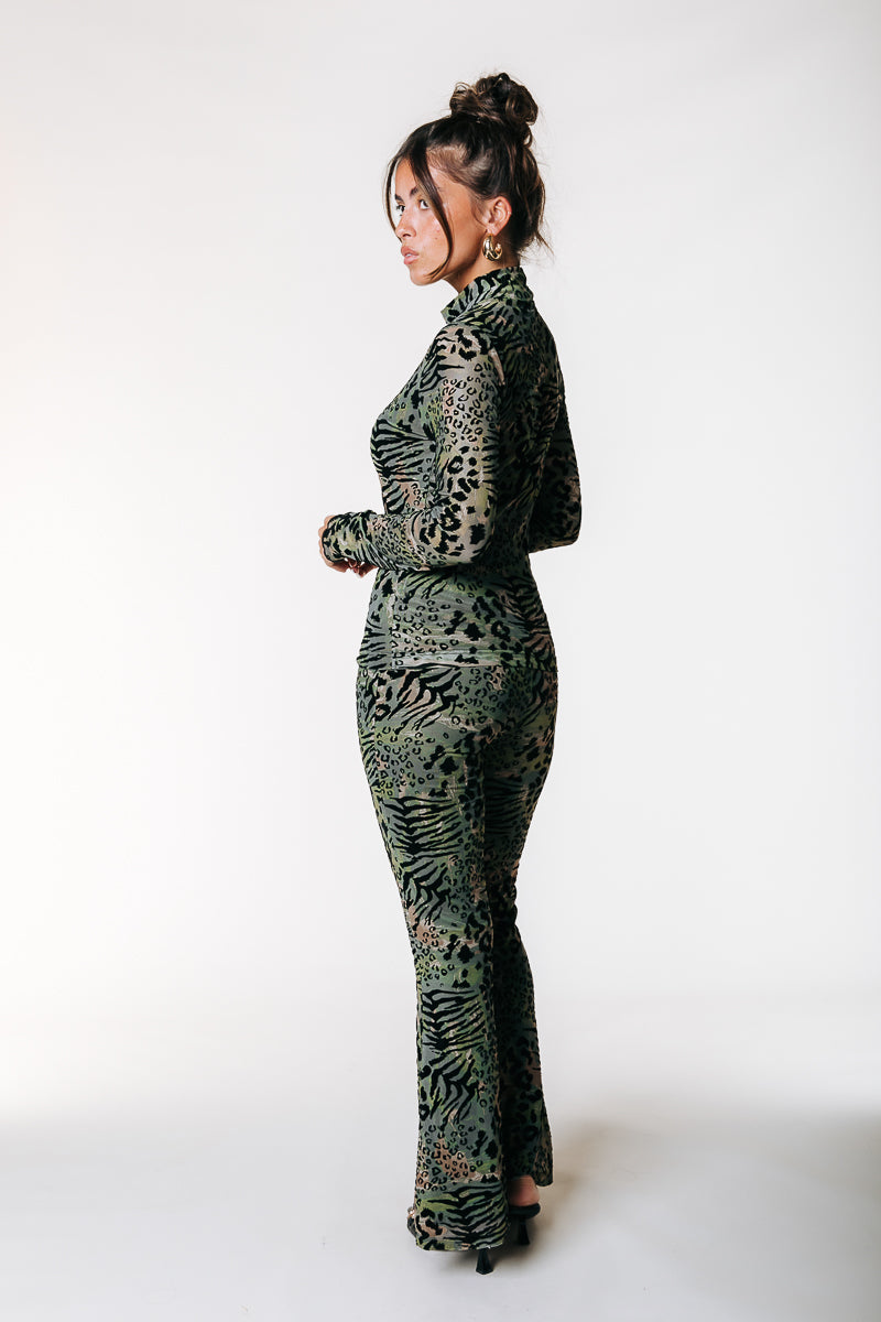 Leopard Flock Mesh Flare Pants | Army