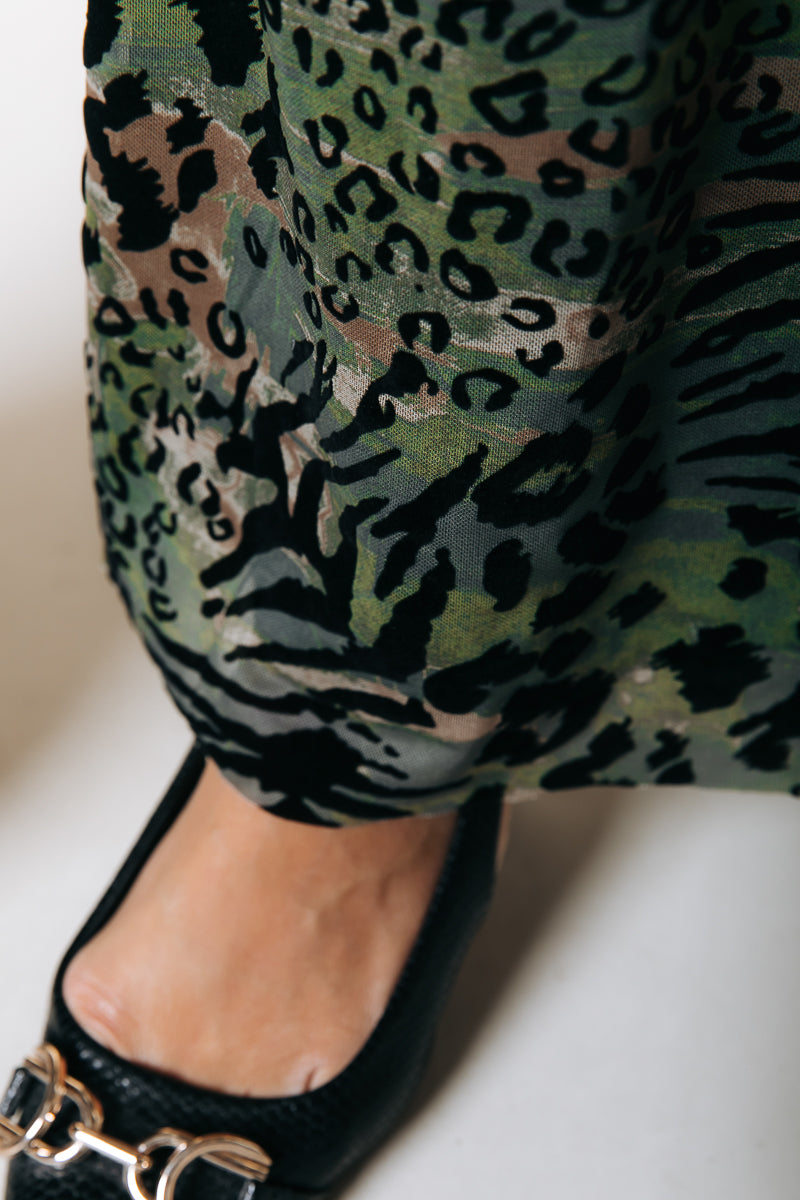 Leopard Flock Mesh Flare Pants | Army