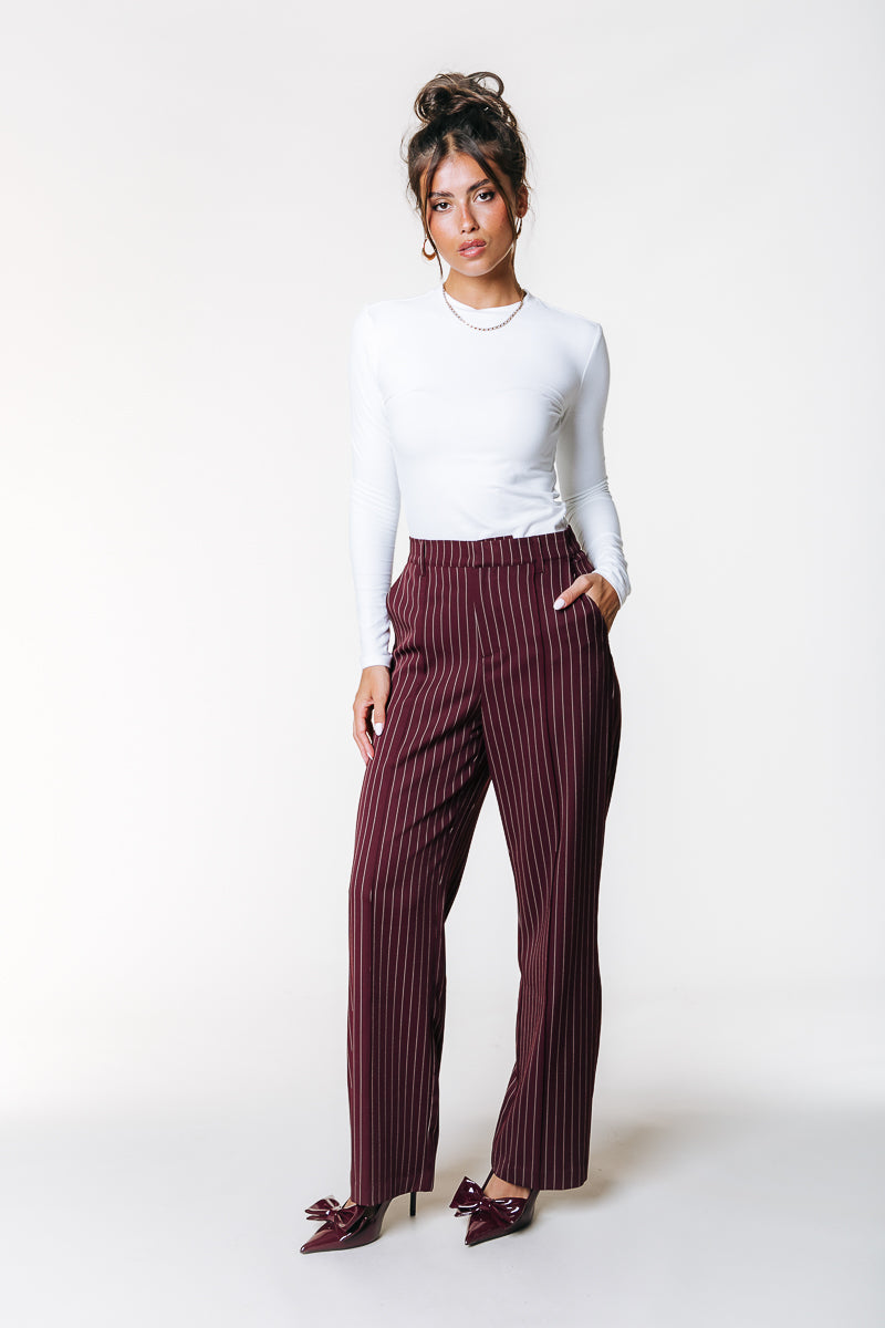 Rus Pinstripe Straight Pants | Merlot Red