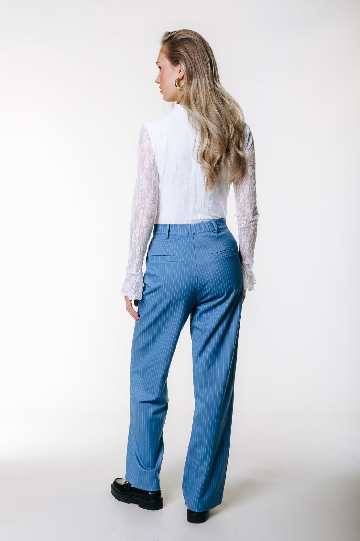 Rus Pinstripe Pintuck Melange Straight Pants | Mid grey blue