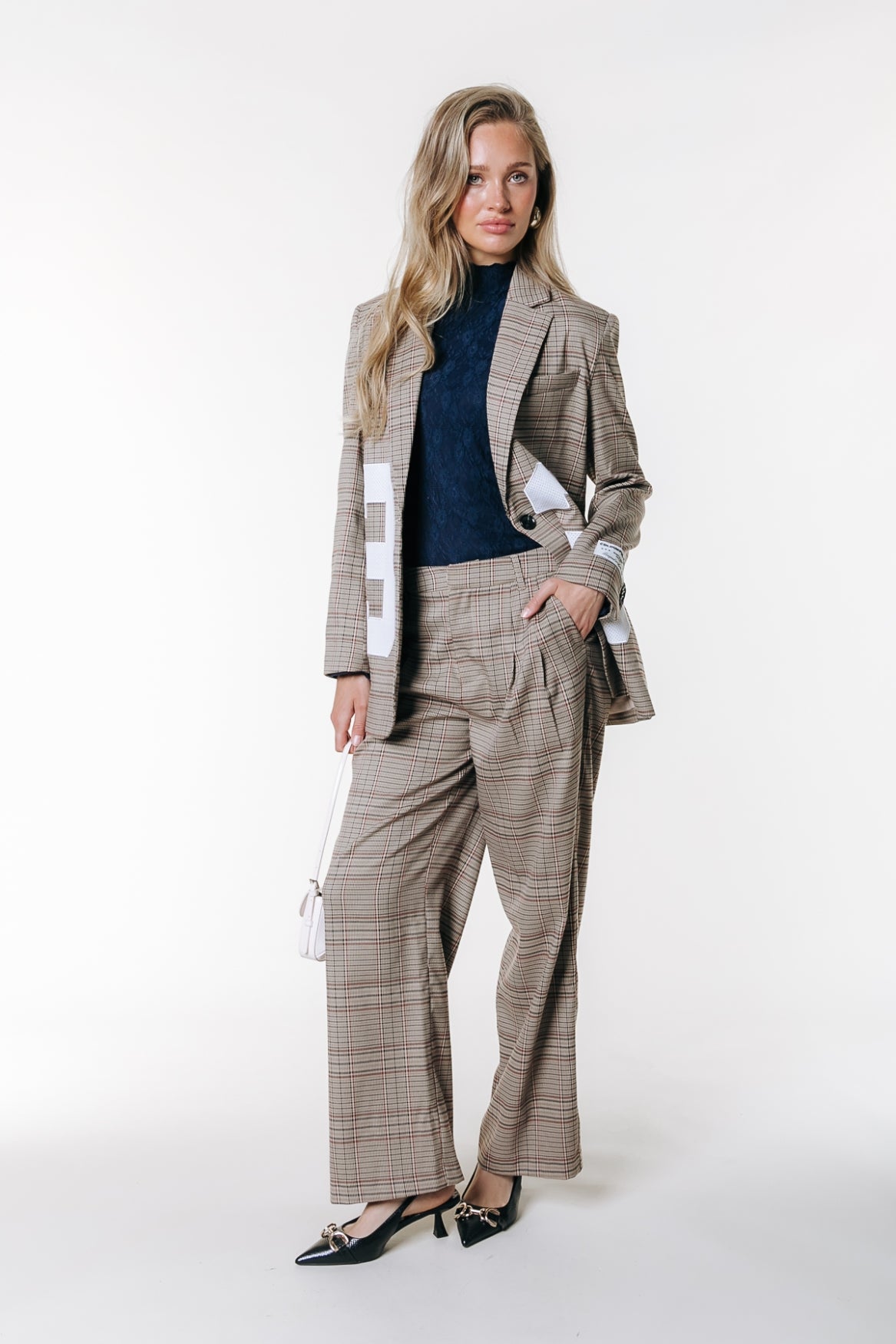 Isa Check Mid Rise Pleated Pants | Medium brown
