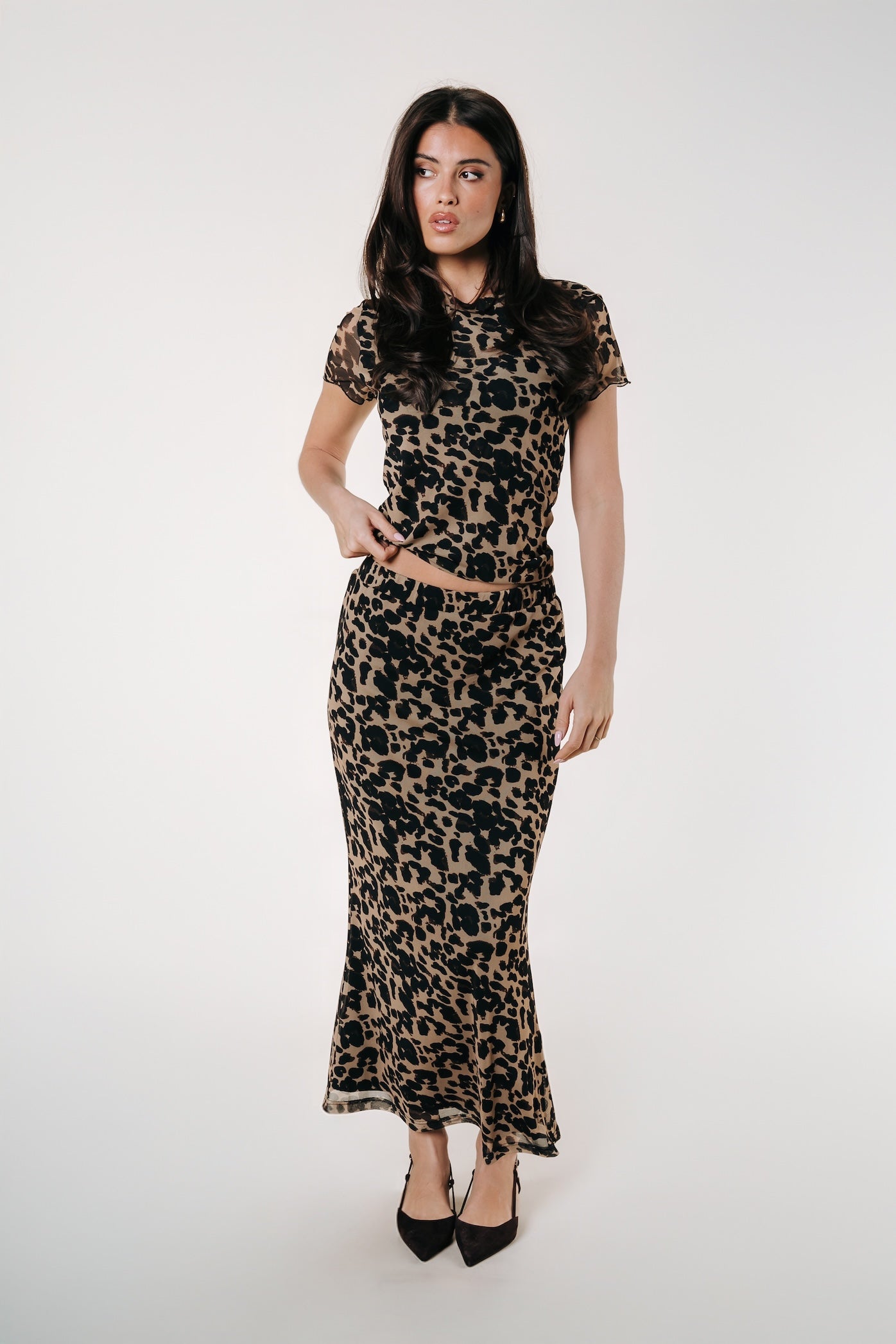 Josie Leopard Mesh Midirock | Beige