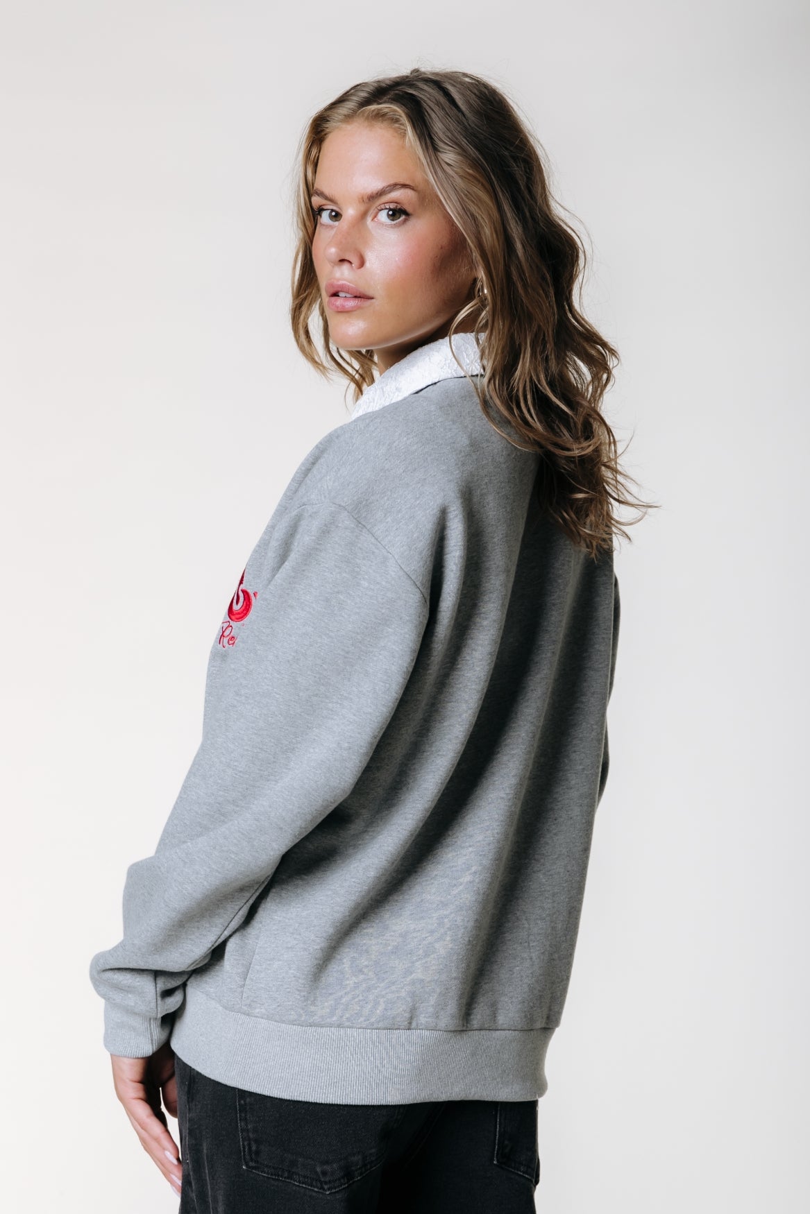 Lace Collar Dropped Shoulder Sweat | Light grey melange