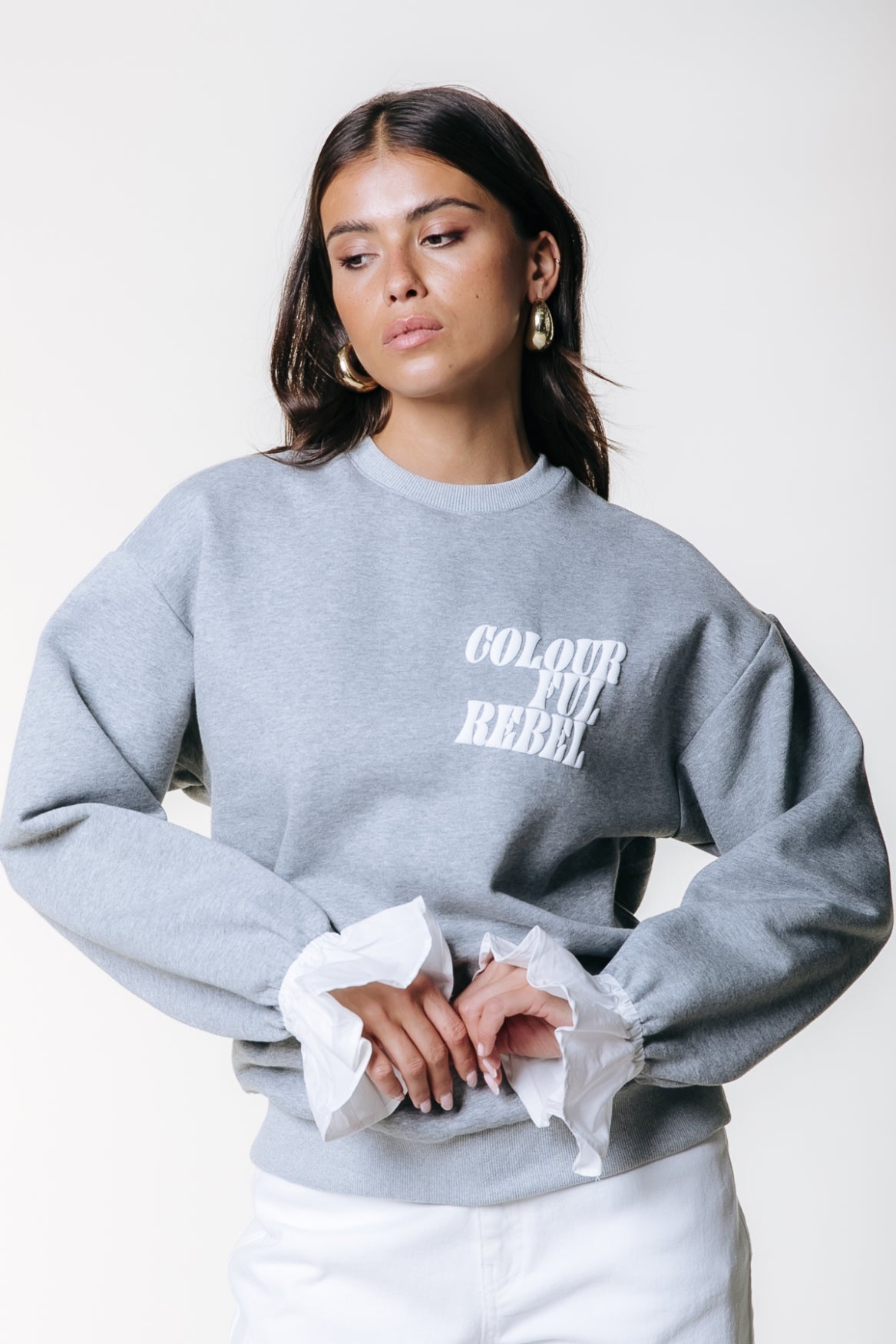 Poplin Cuff Dropped Shoulder Sweat | Light grey melange