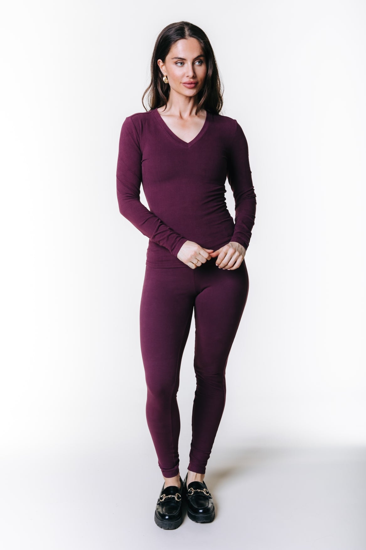 Fitted Longsleeve V-neck Top | Merlot Red