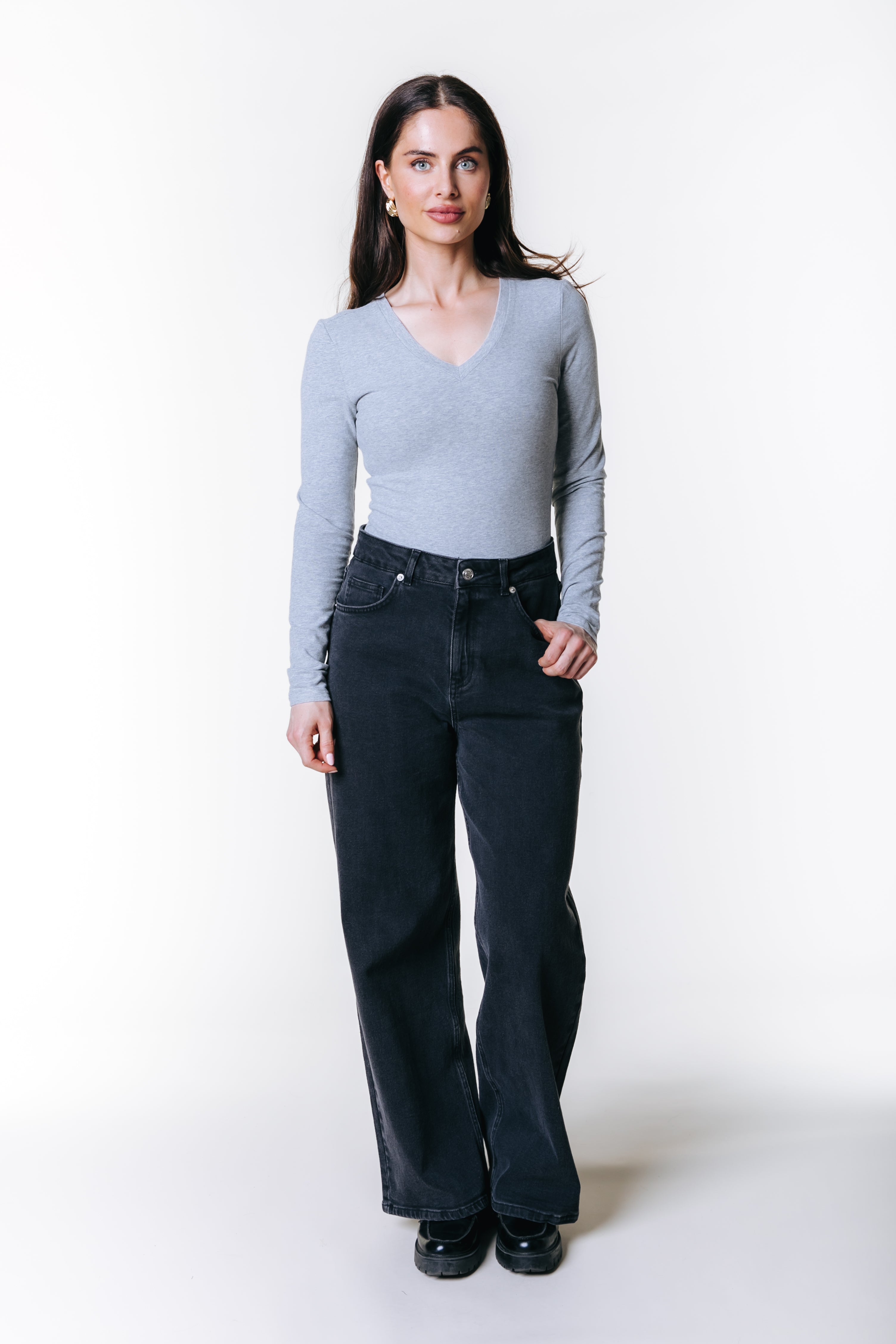 Fitted Longsleeve V-neck Top | Medium grey melange