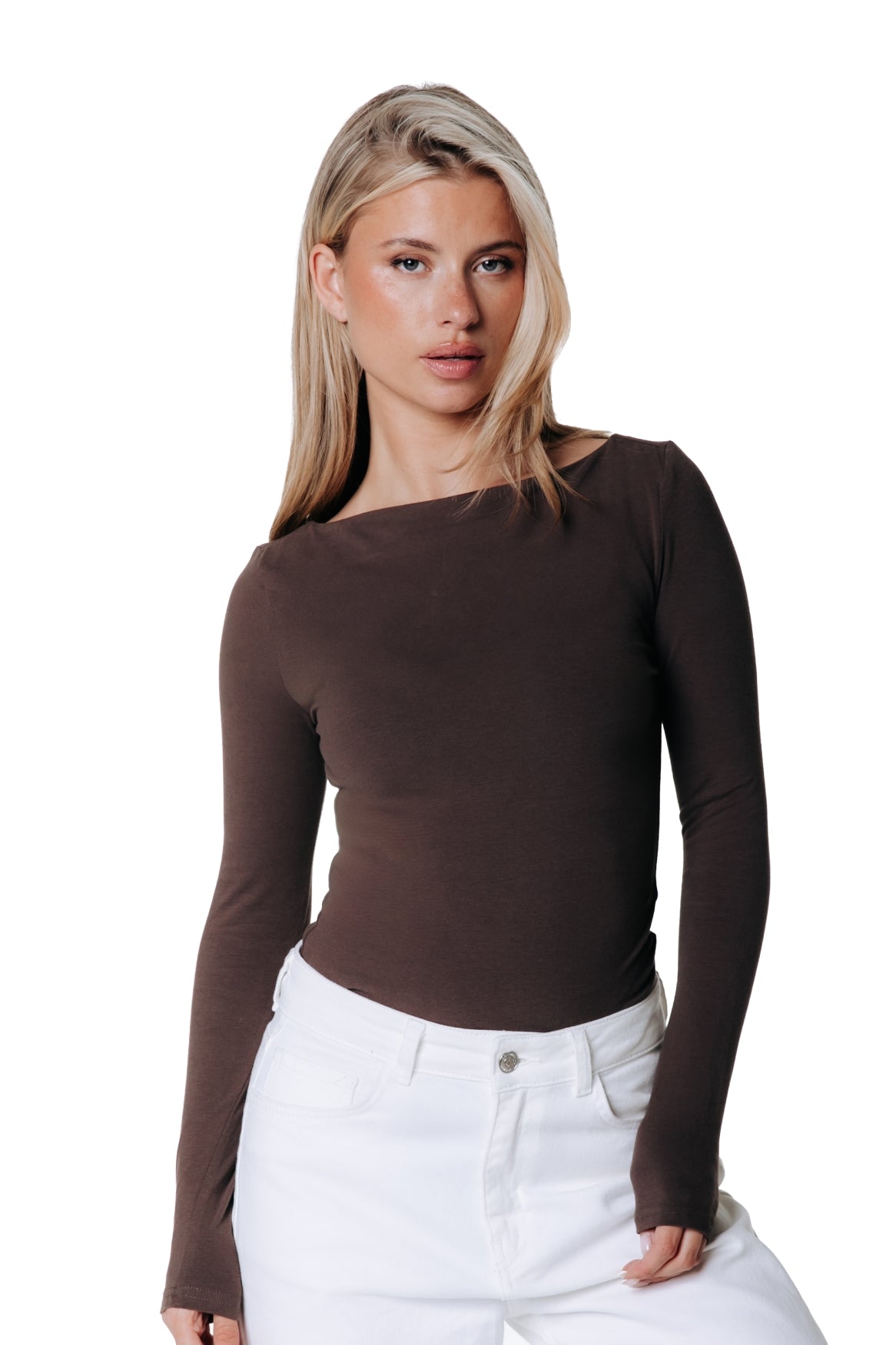 Fitted Boatneck Top | Brown