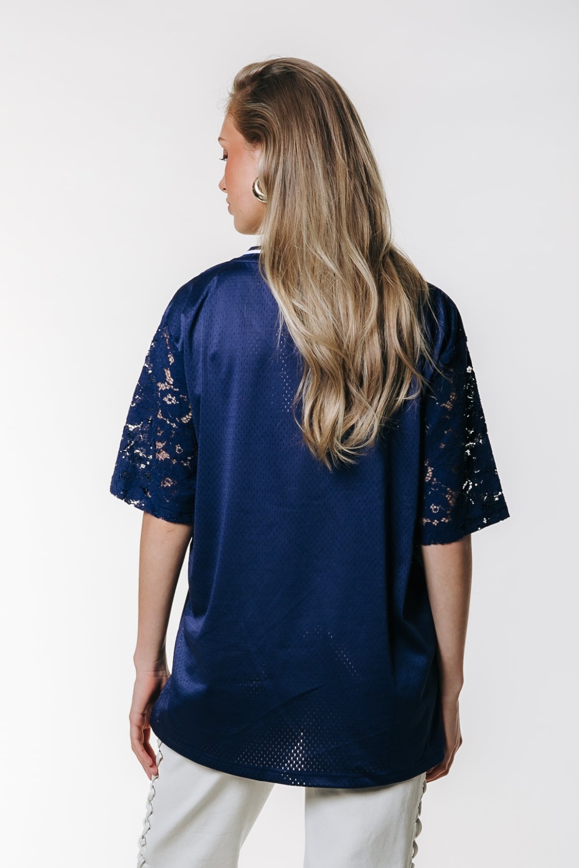 Tayla 33 Lace Mesh Football Tee | Deep blue