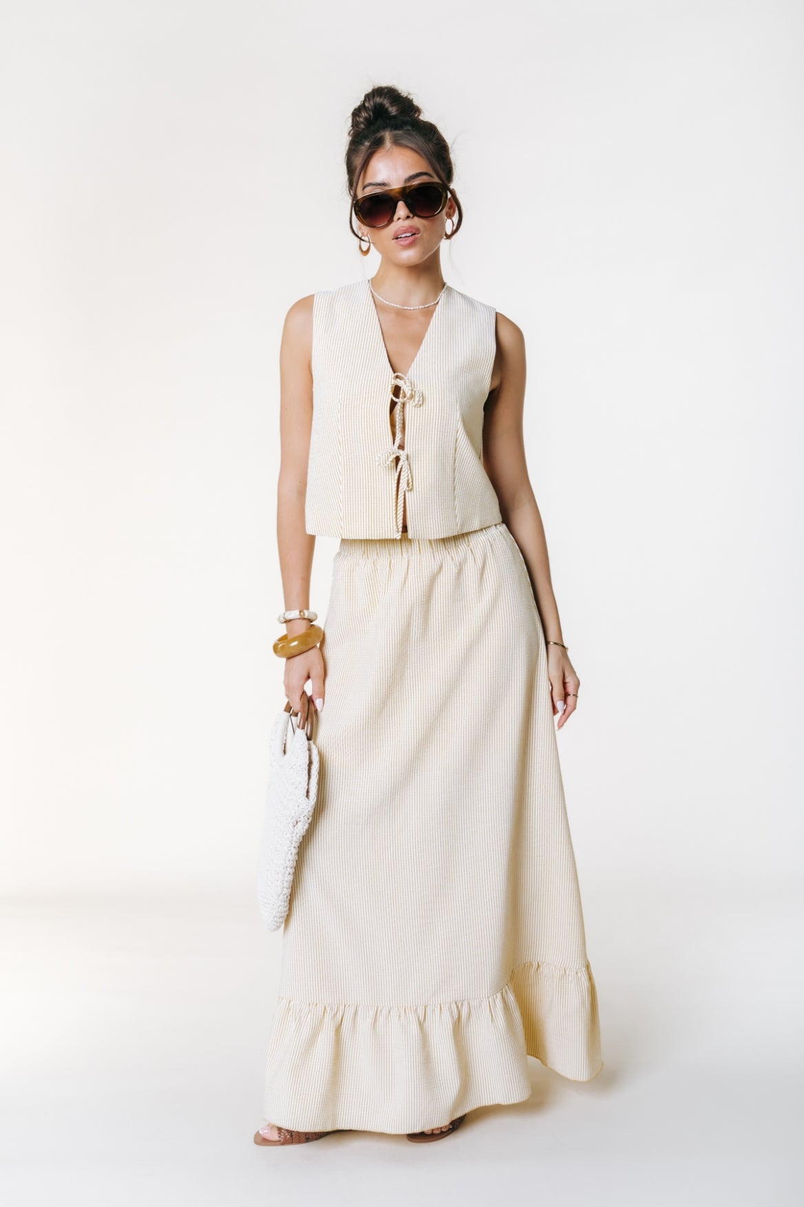 Ginger Stripe Sleeveless Bow Gilet | Soft yellow