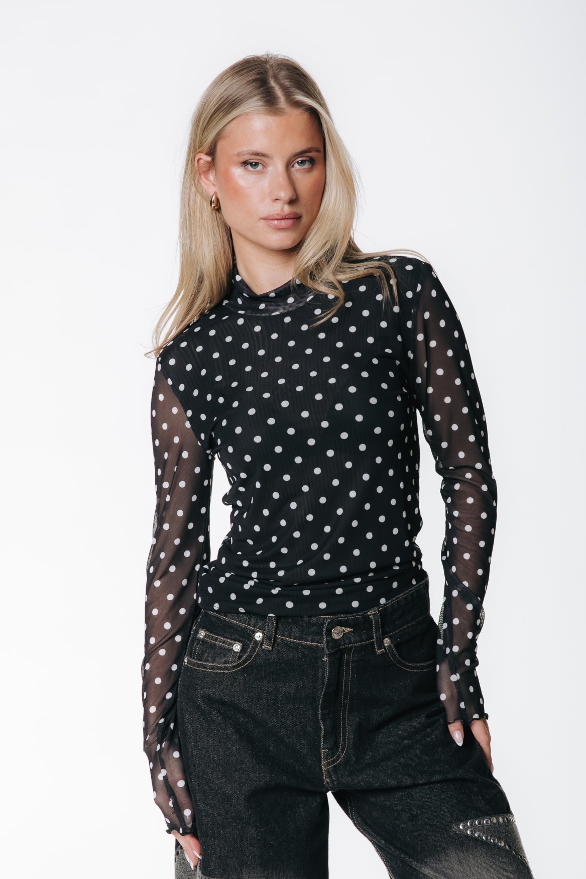 Neyo Dots Mesh Turtleneck Top | Black