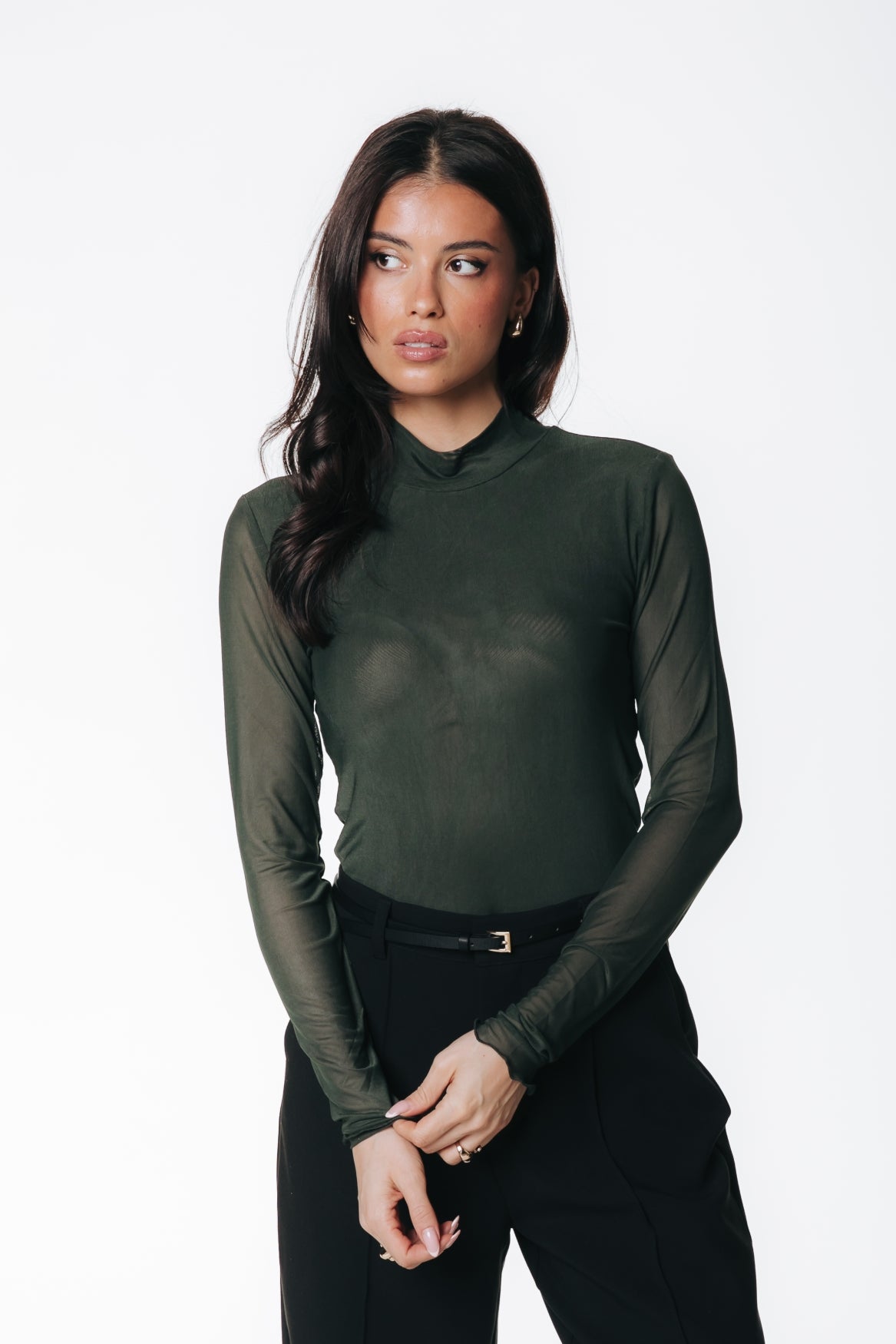 Mesh Turtleneck Top | Dark green