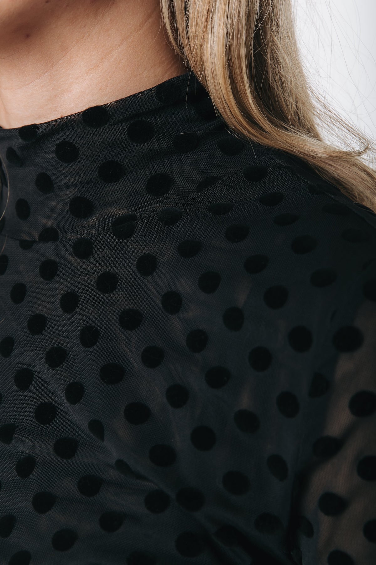 Neyo Polka Flock Mesh Turtleneck Top | Black