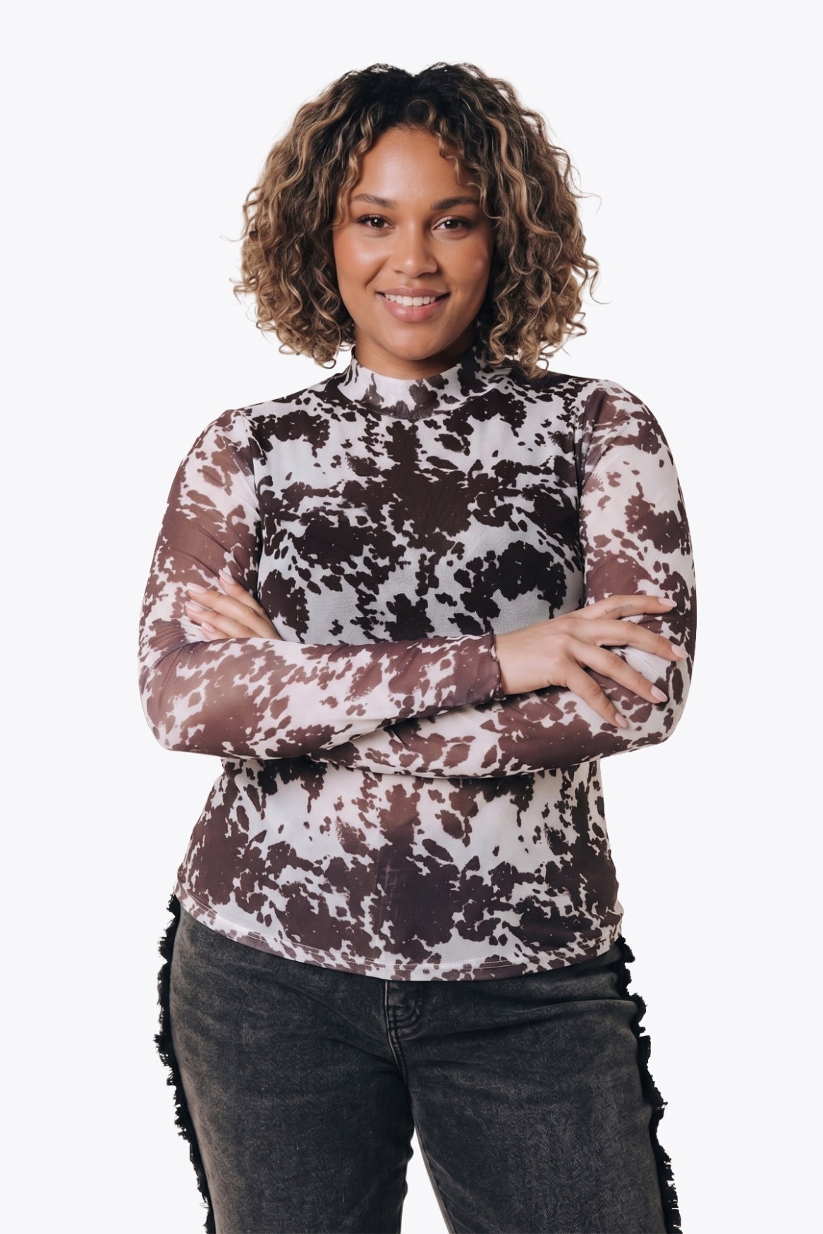 Neyo Cow Mesh Turtleneck Top | Brown