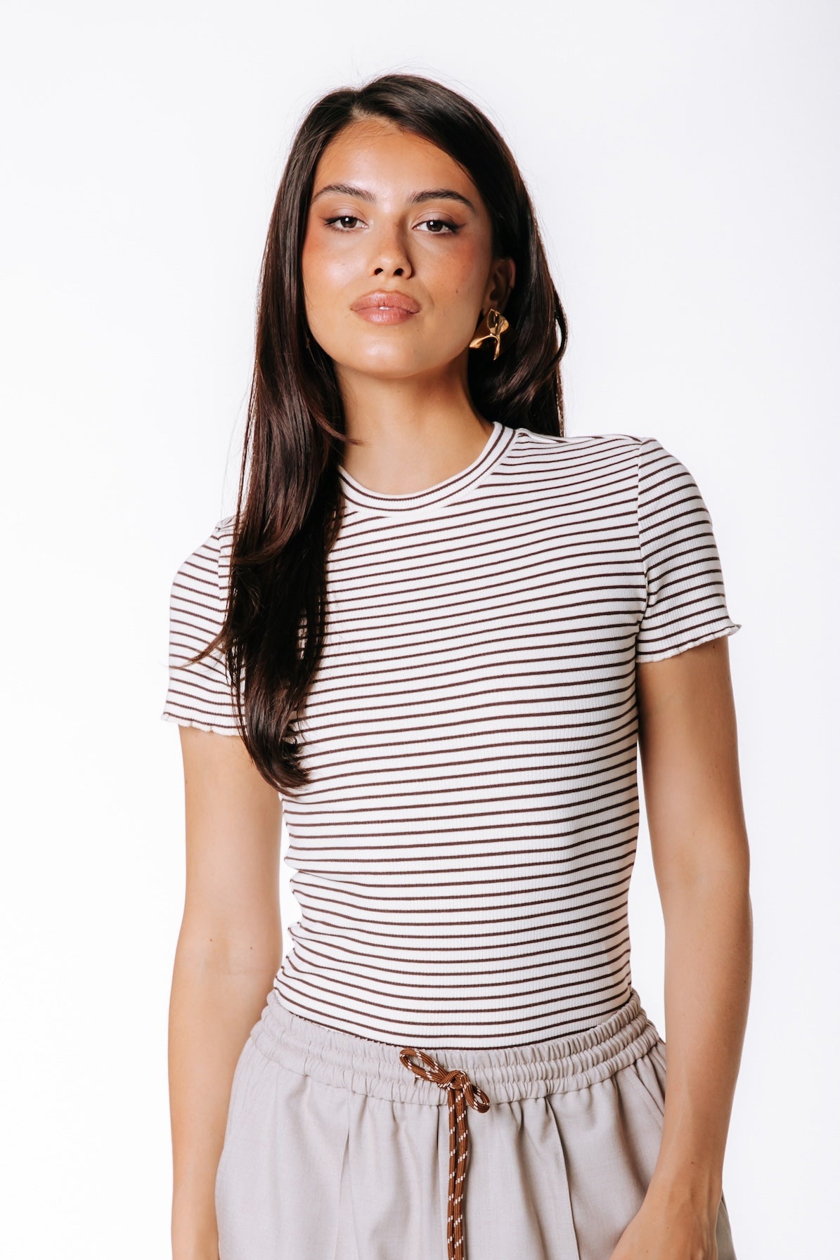 Jessie Stripe Rib Top | White/Brown