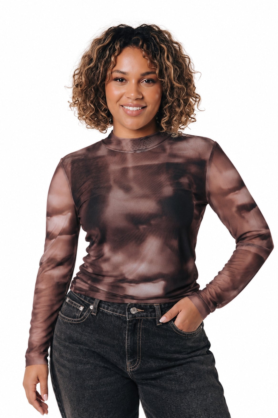 Neyo Swirl Mesh Turtleneck Top | Brown