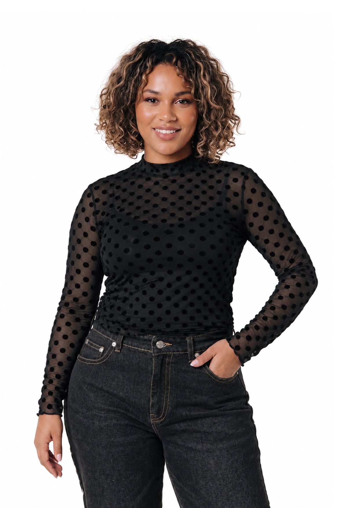 Neyo Polka Flock Mesh Top | Black
