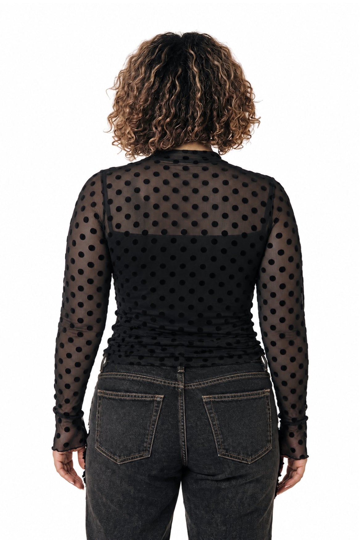 Neyo Polka Flock Mesh Top | Black