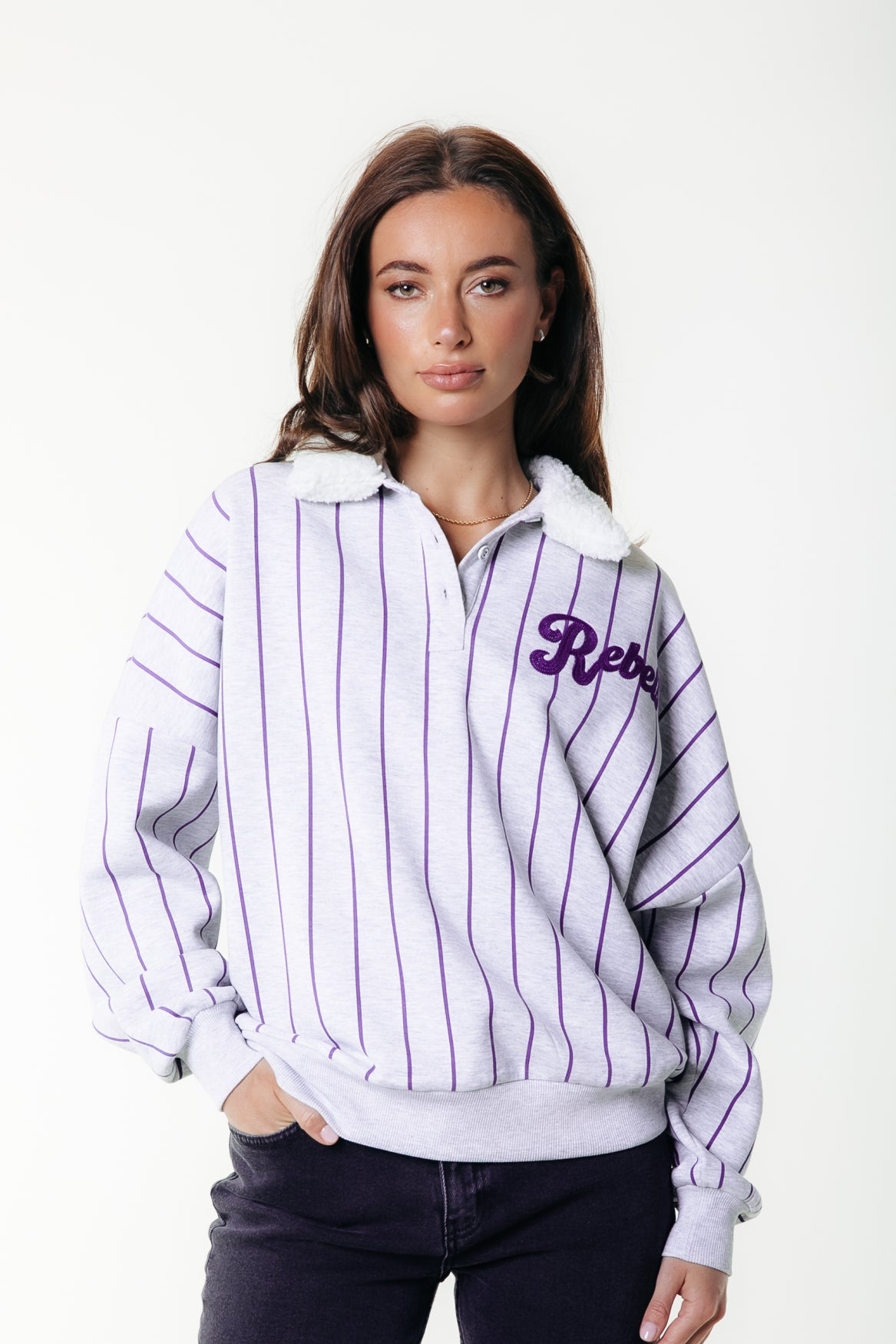 Baseball Striped Collar Sweat | Light Grey Melange / Lilac