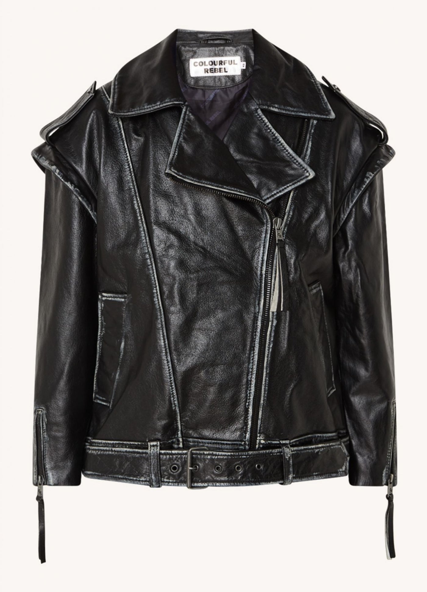 Colourful Rebel Sage Leather Biker Jacket | Black 