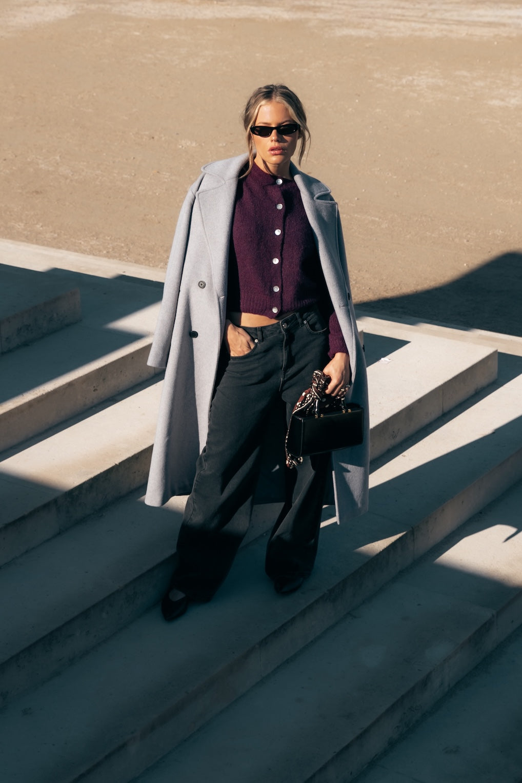 Zania Wool Long Coat | Light grey melange