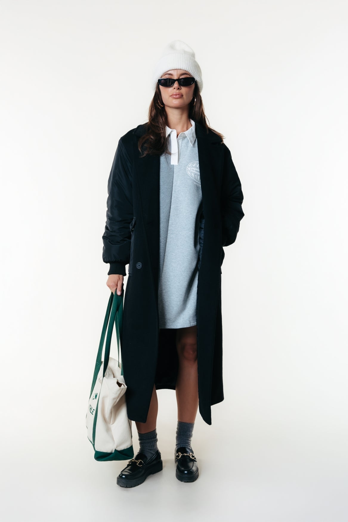 Ada Contrast Wool Long Coat | Black