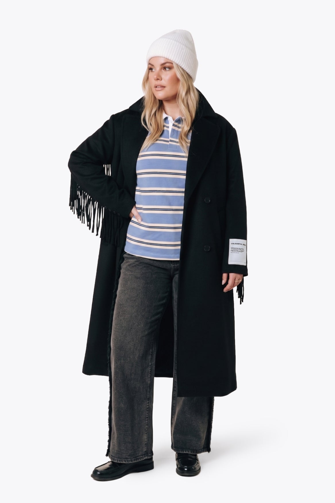 Zania Fringe Wool Long Coat | Black