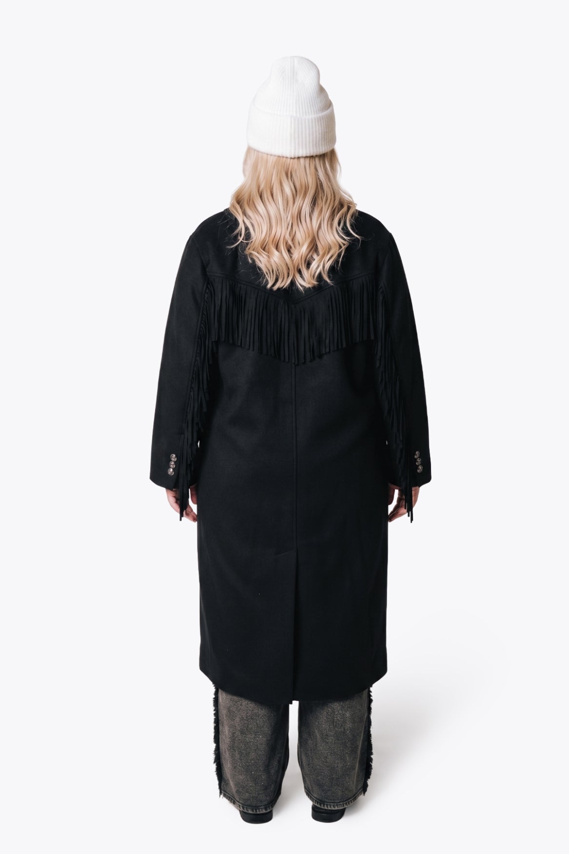 Zania Fringe Wool Long Coat | Black