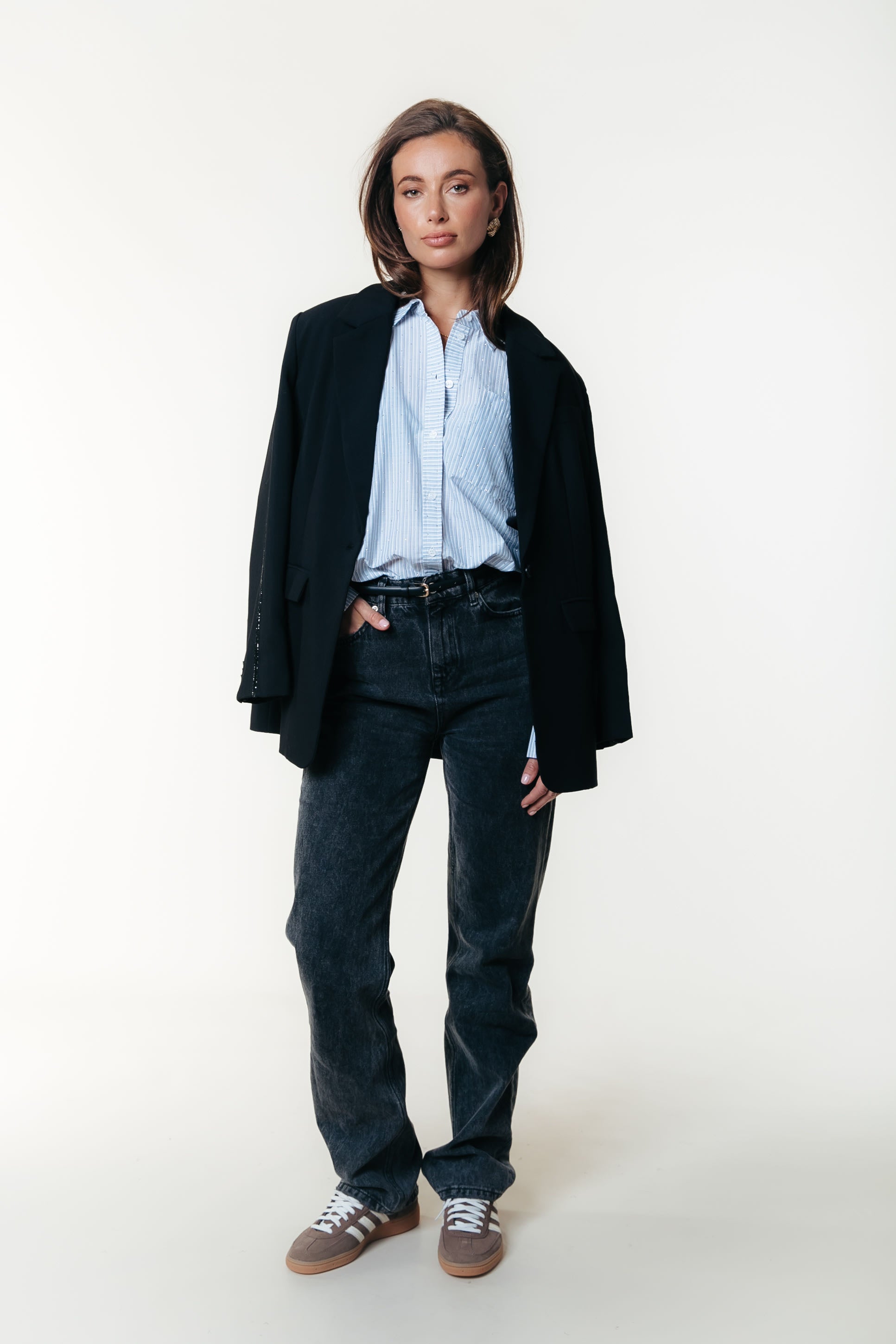 Talia Rhinestone Stripe Blouse | Light Blue