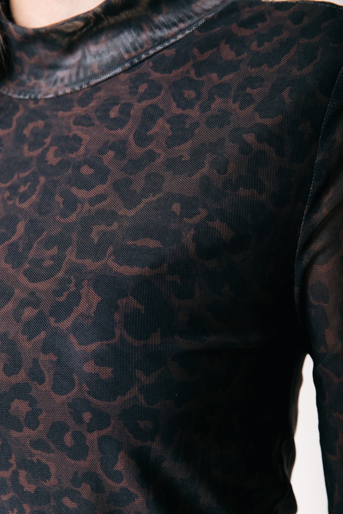 Neyo Leopard-Mesh-Rollkragenoberteil | Braun