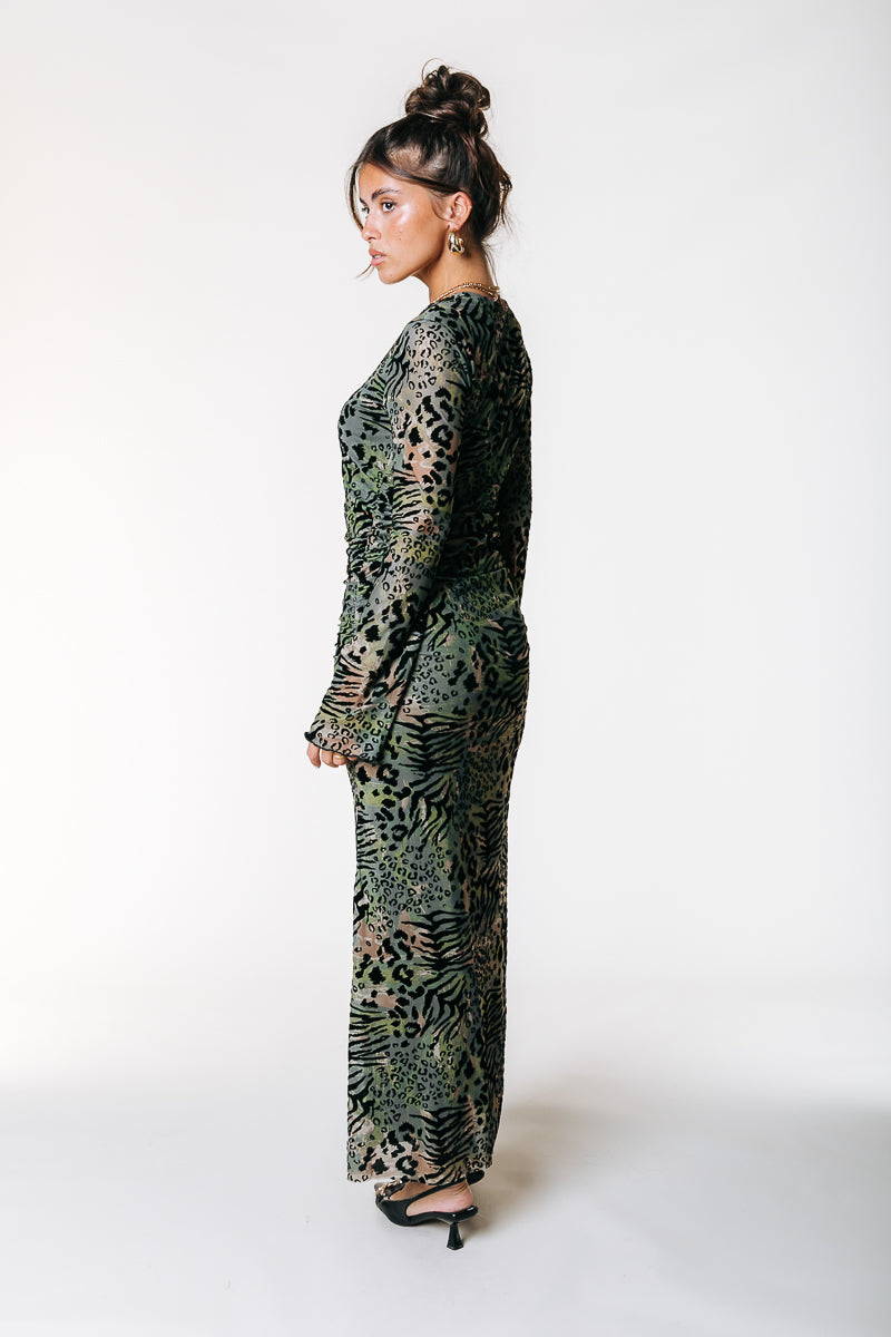 Maude Leopard Flock Mesh Dress | Army