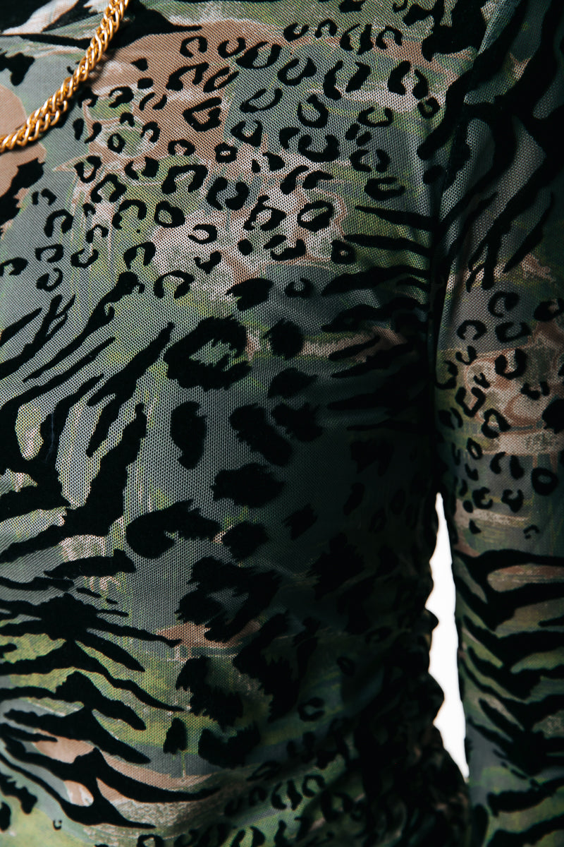Maude Leopard Flock Mesh Dress | Army