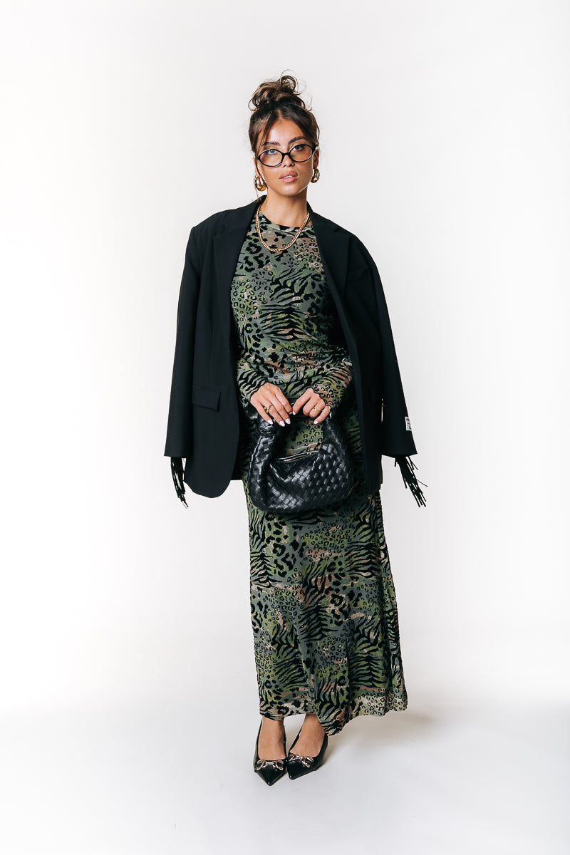 Maude Leopard Flock Mesh Dress | Army