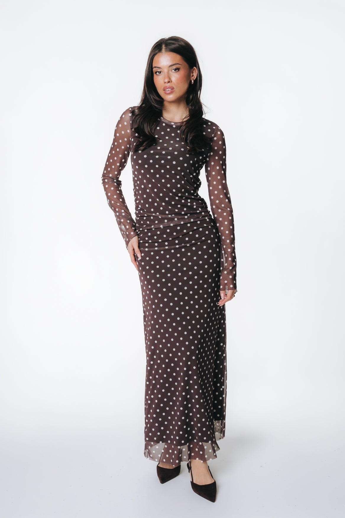 Maude Dots Mesh Maxi Dress | Brown